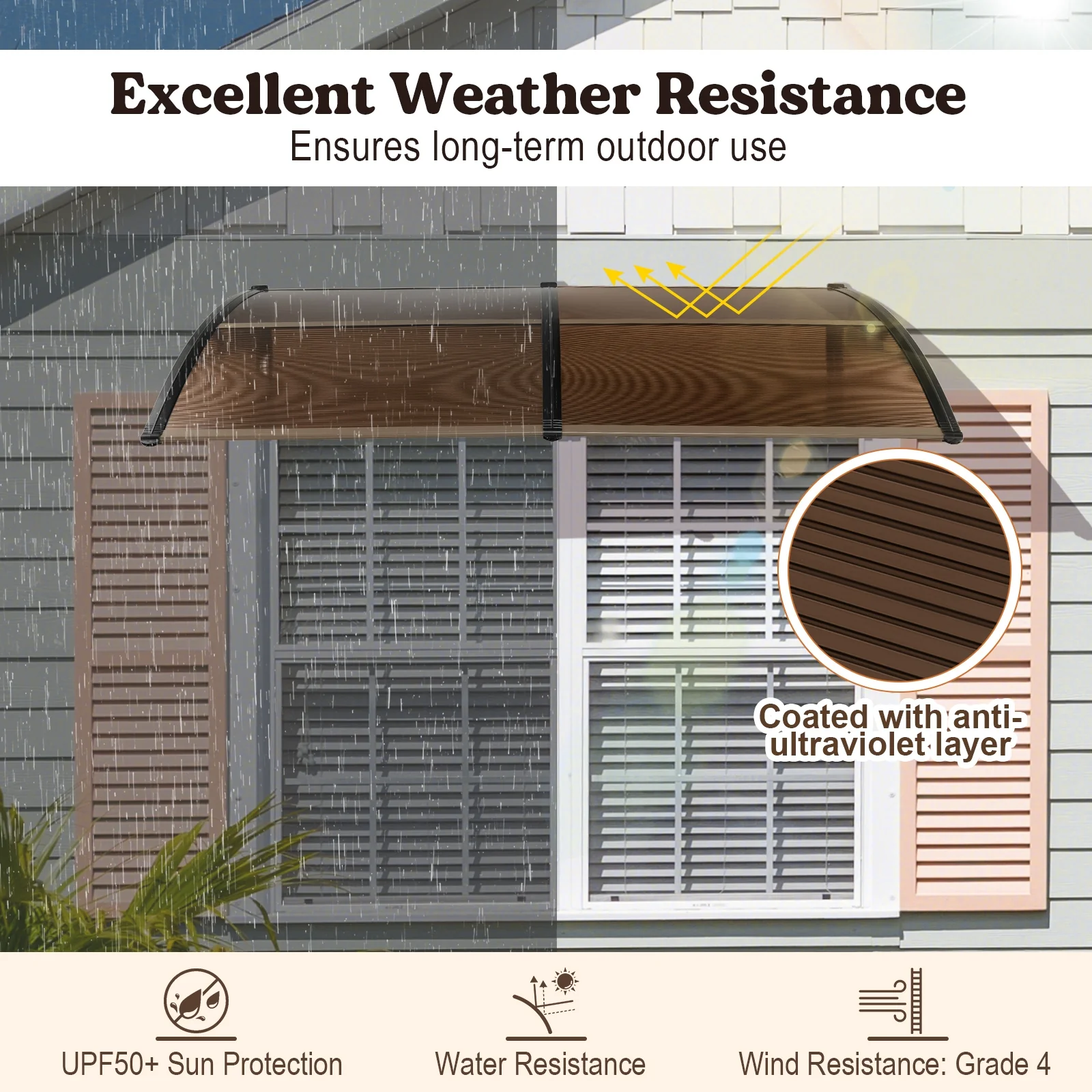 Outdoor Front Door Patio Overhang Awning, 80 x 40 Inch, Brown - Image 8