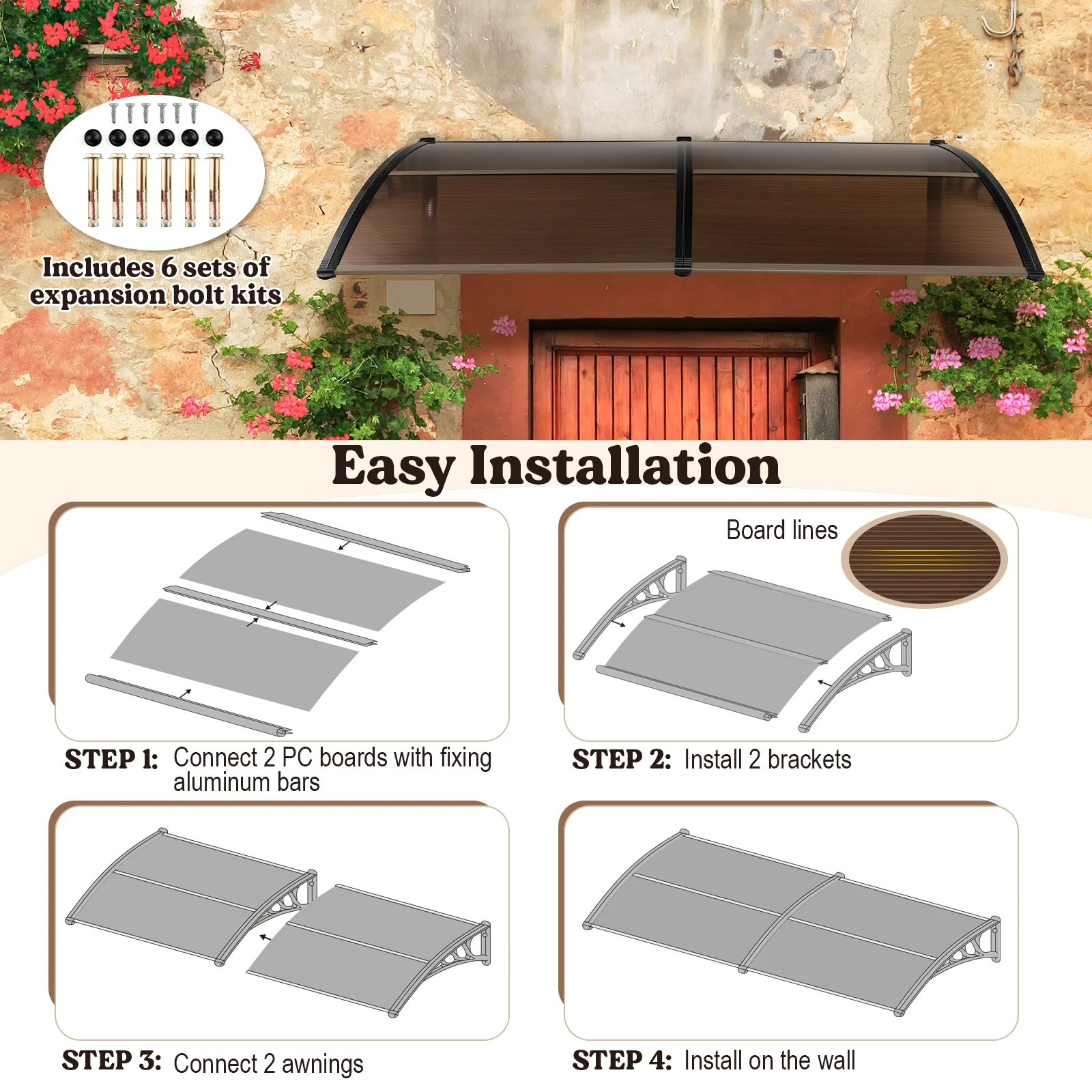 Outdoor Front Door Patio Overhang Awning, 80 x 40 Inch, Brown - Image 9