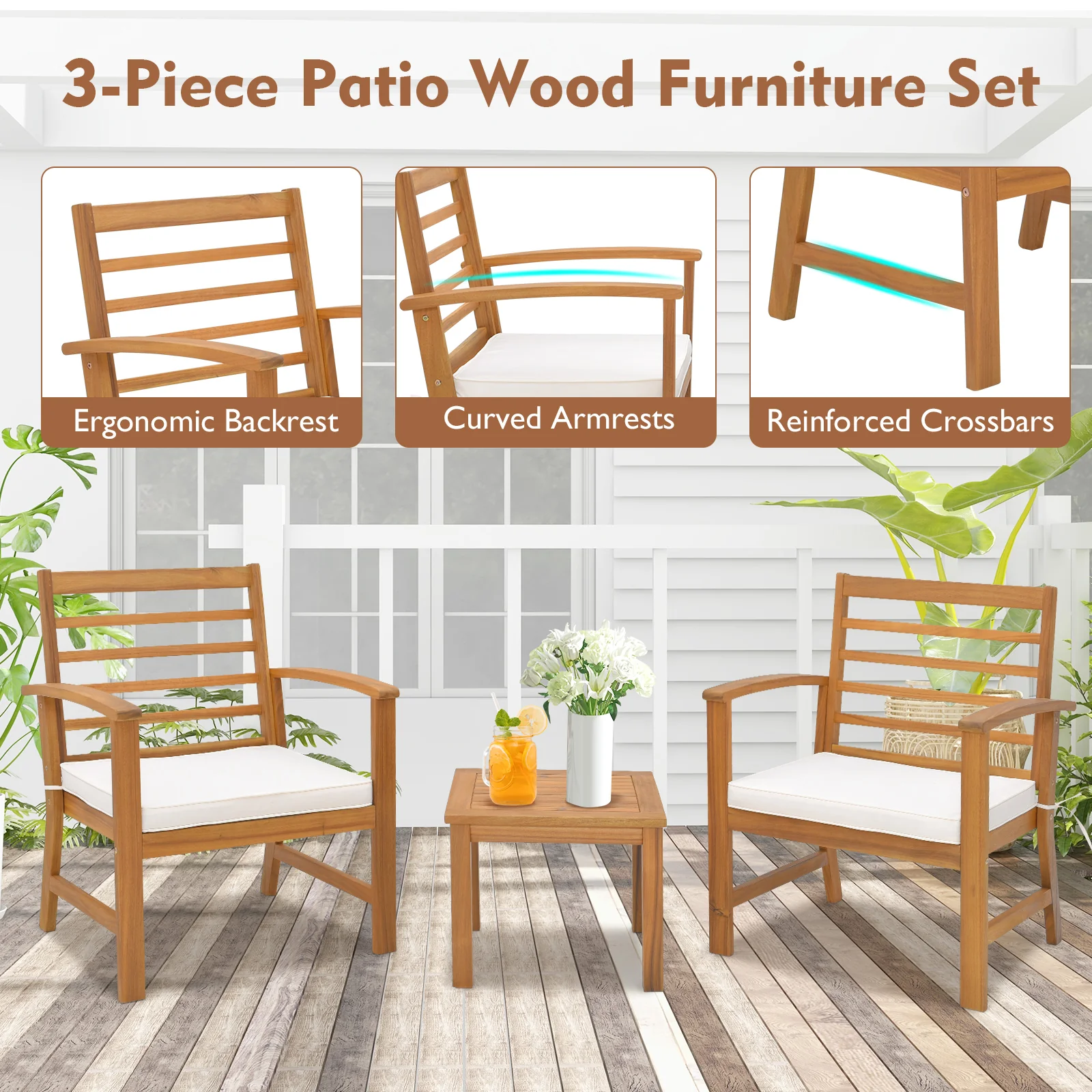 Outdoor Furniture Set, 3 Pieces, Soft Seat Cushions, White - Image 10