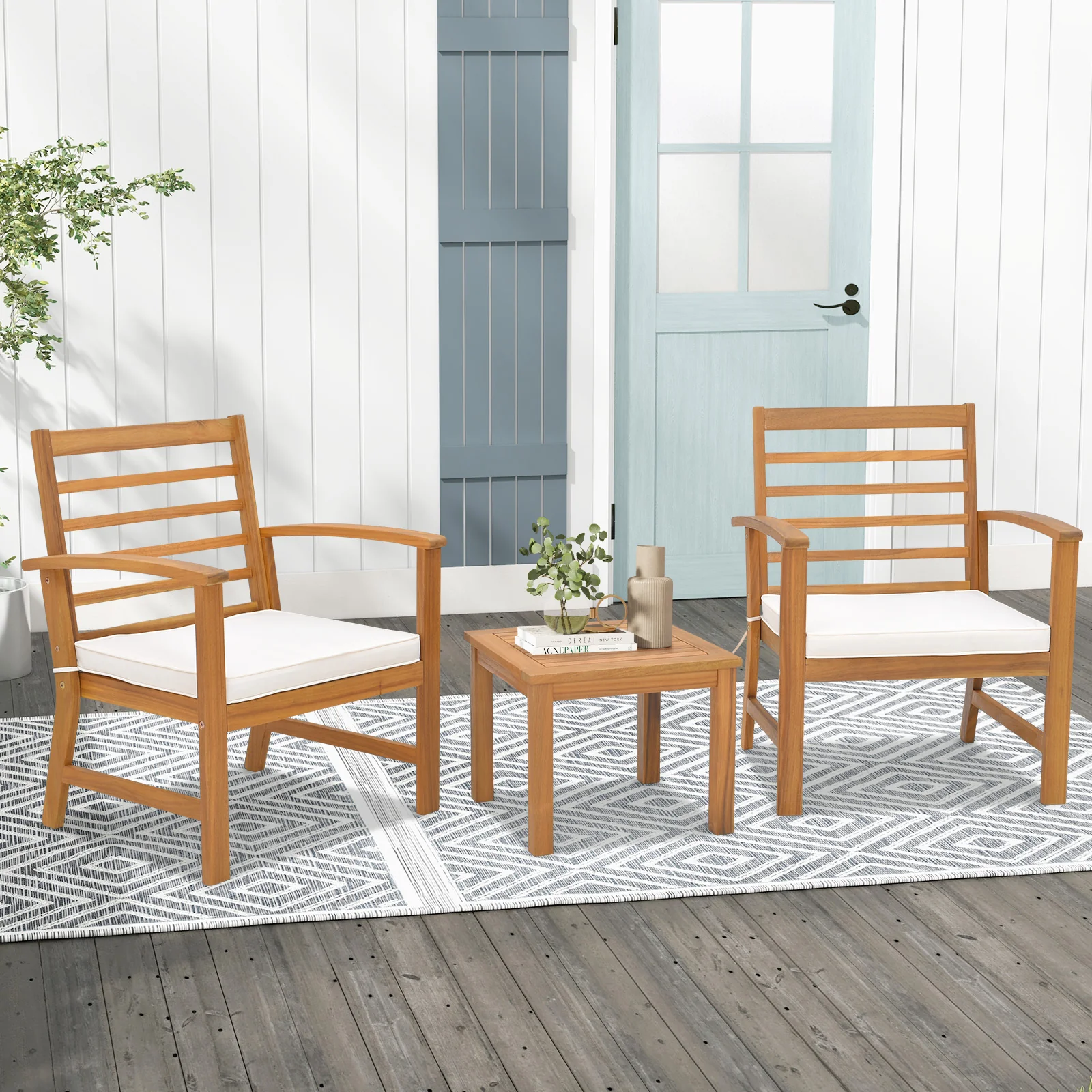 Outdoor Furniture Set, 3 Pieces, Soft Seat Cushions, White - Image 2