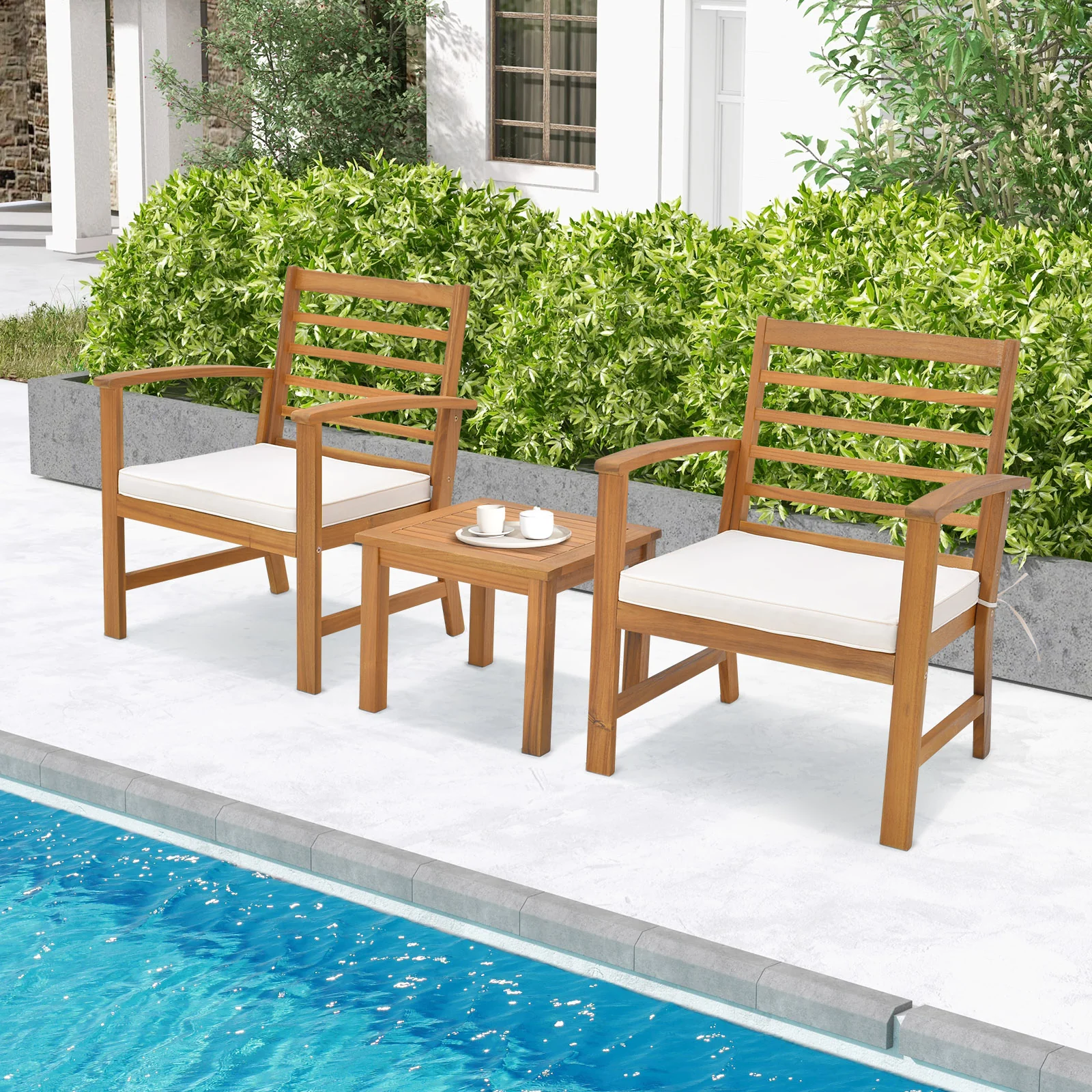 Outdoor Furniture Set, 3 Pieces, Soft Seat Cushions, White - Image 3
