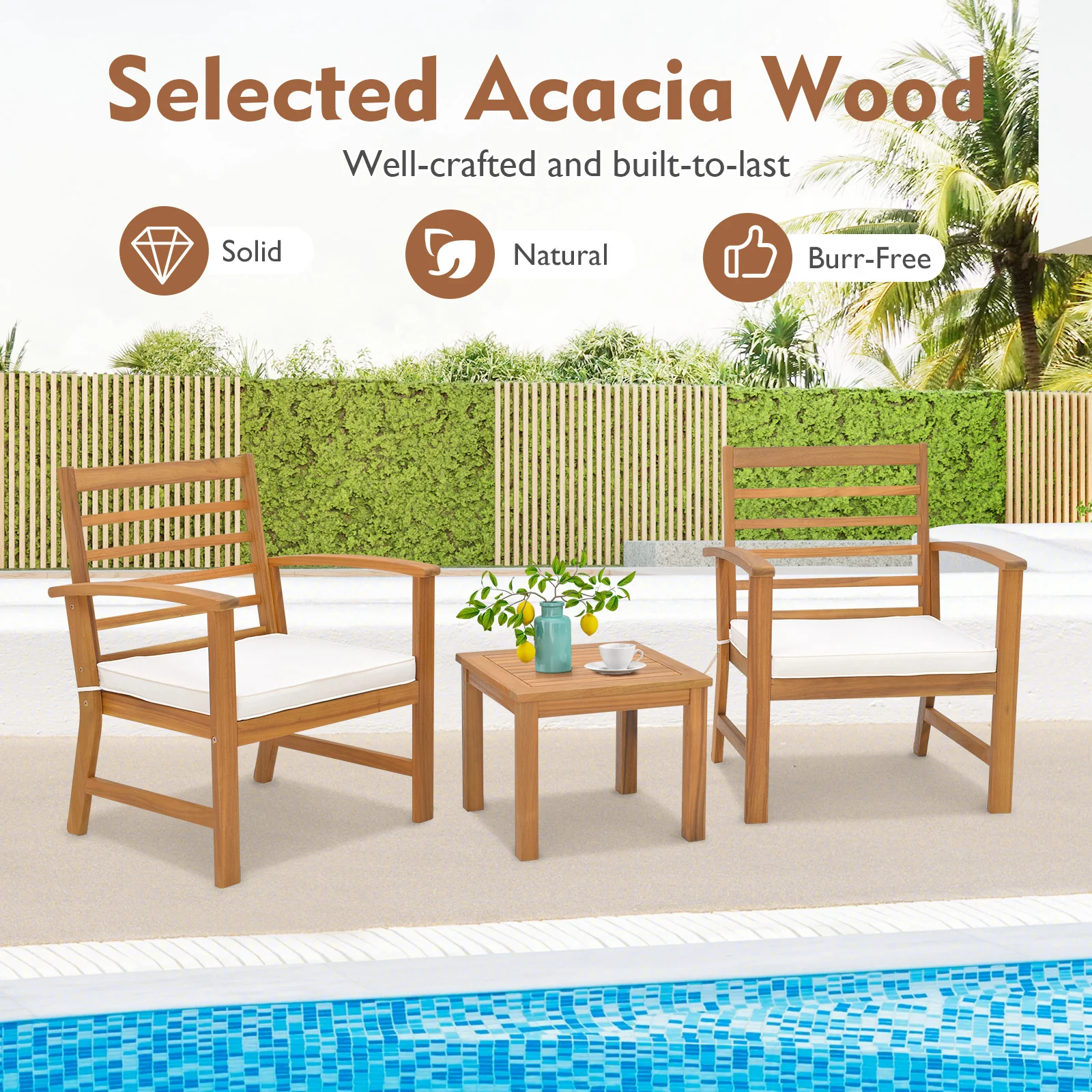 Outdoor Furniture Set, 3 Pieces, Soft Seat Cushions, White - Image 9