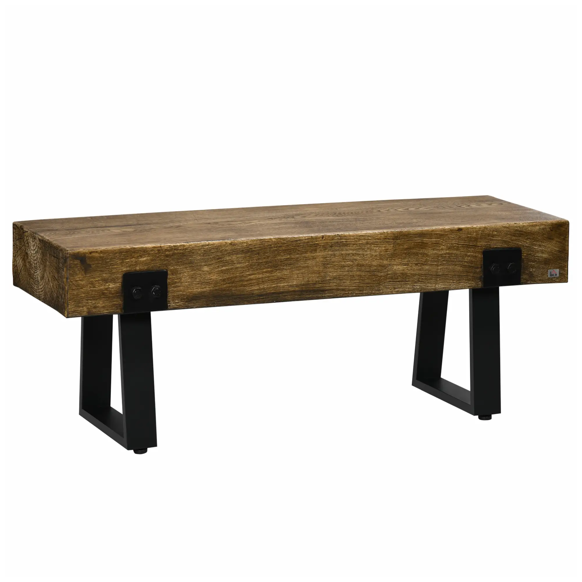 Outdoor Garden Bench, Metal Legs, Rustic Wood Effect Concrete, Natural and Black, Black