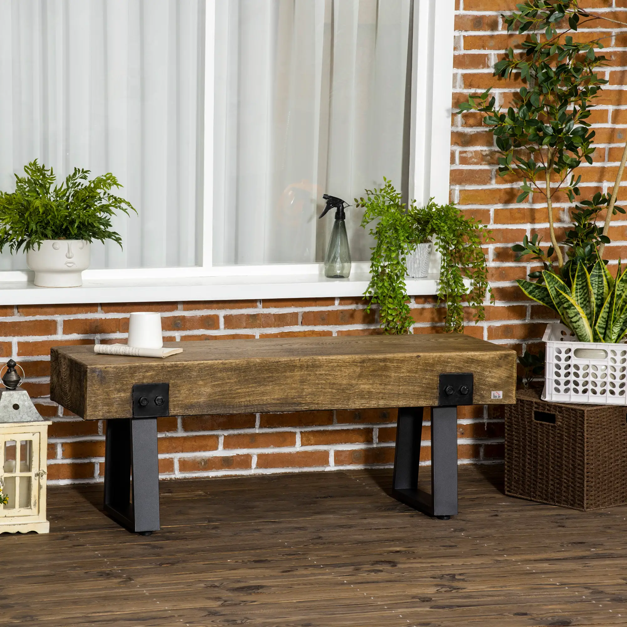 Outdoor Garden Bench, Metal Legs, Rustic Wood Effect Concrete, Natural and Black, Black - Image 2