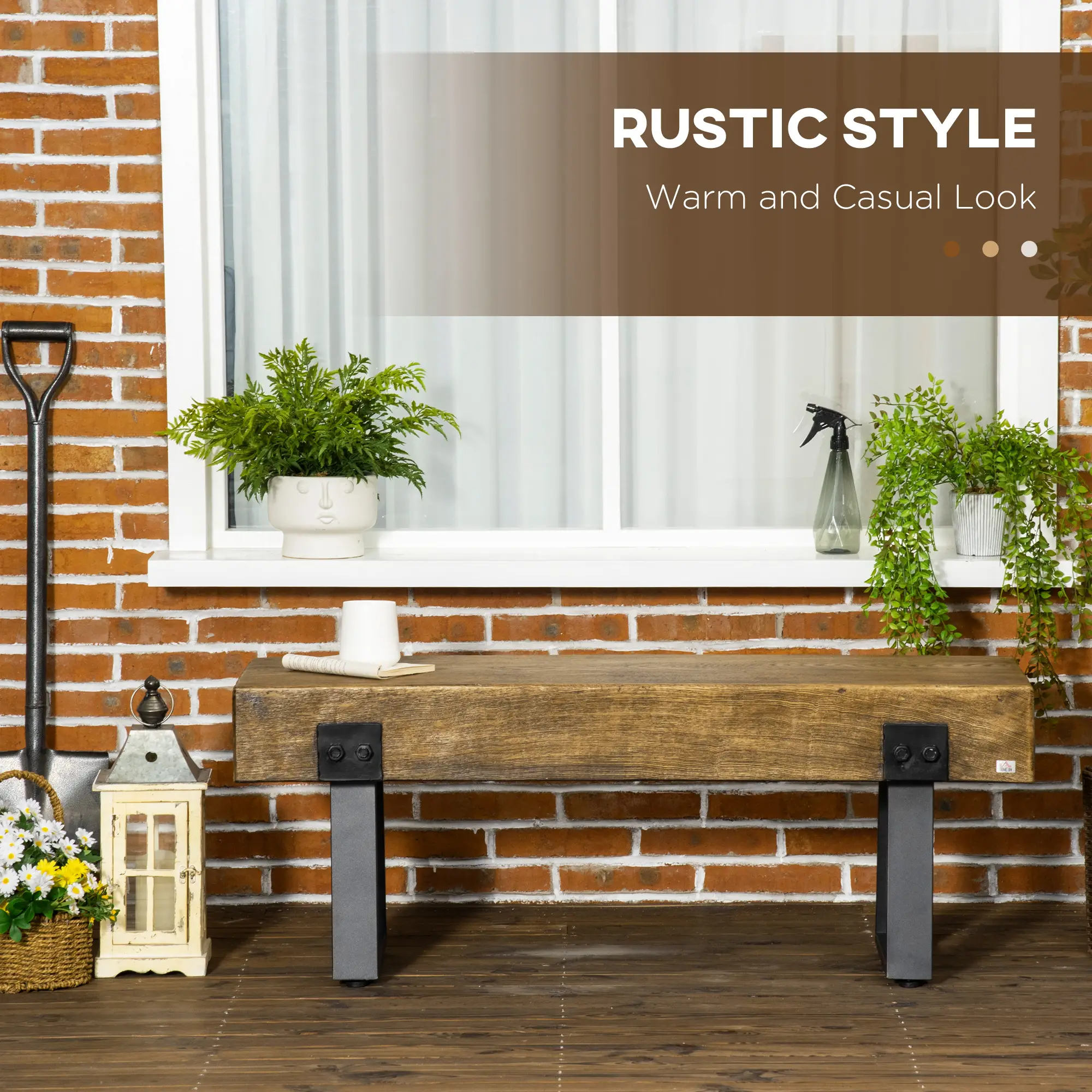 Outdoor Garden Bench, Metal Legs, Rustic Wood Effect Concrete, Natural and Black, Black - Image 4