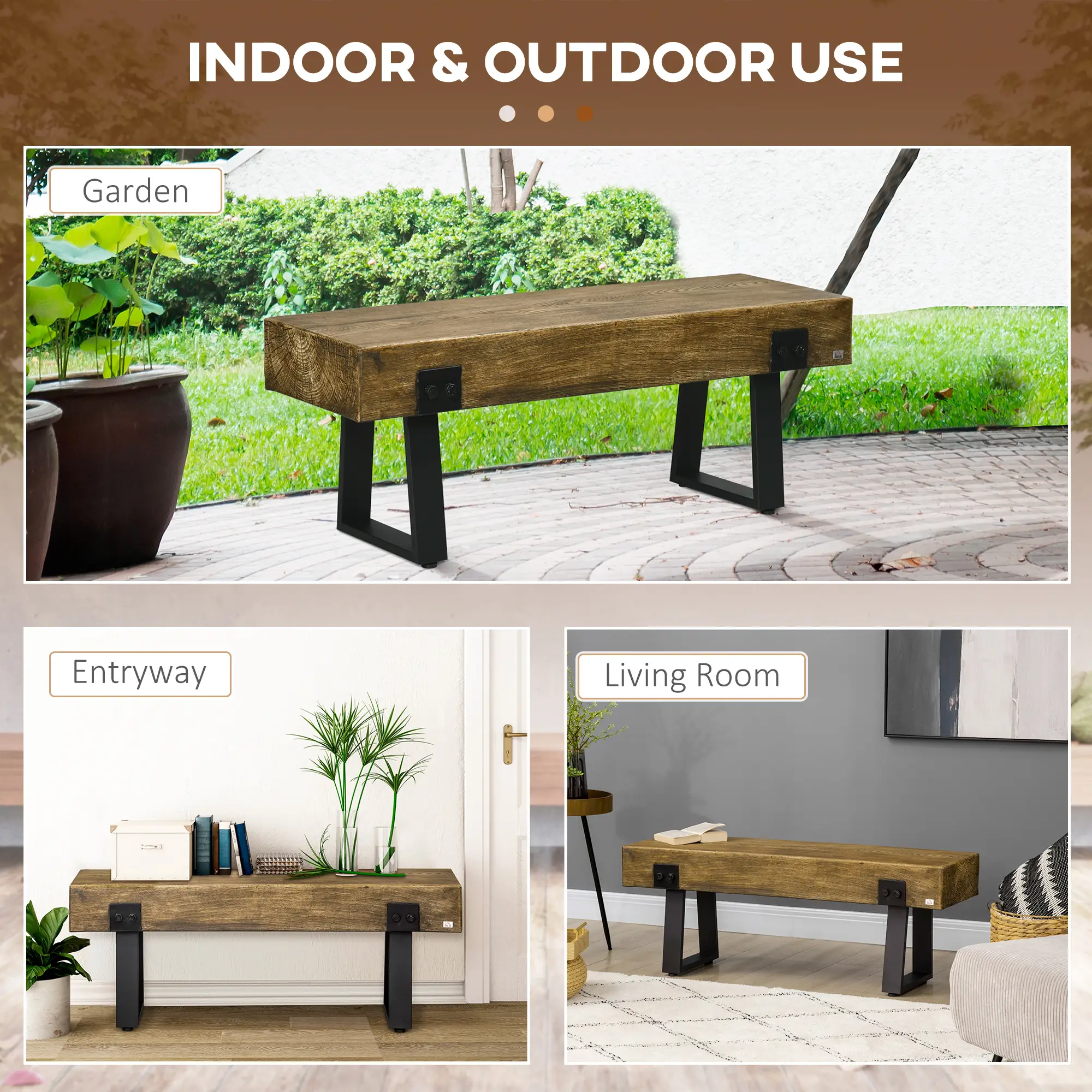 Outdoor Garden Bench, Metal Legs, Rustic Wood Effect Concrete, Natural and Black, Black - Image 6