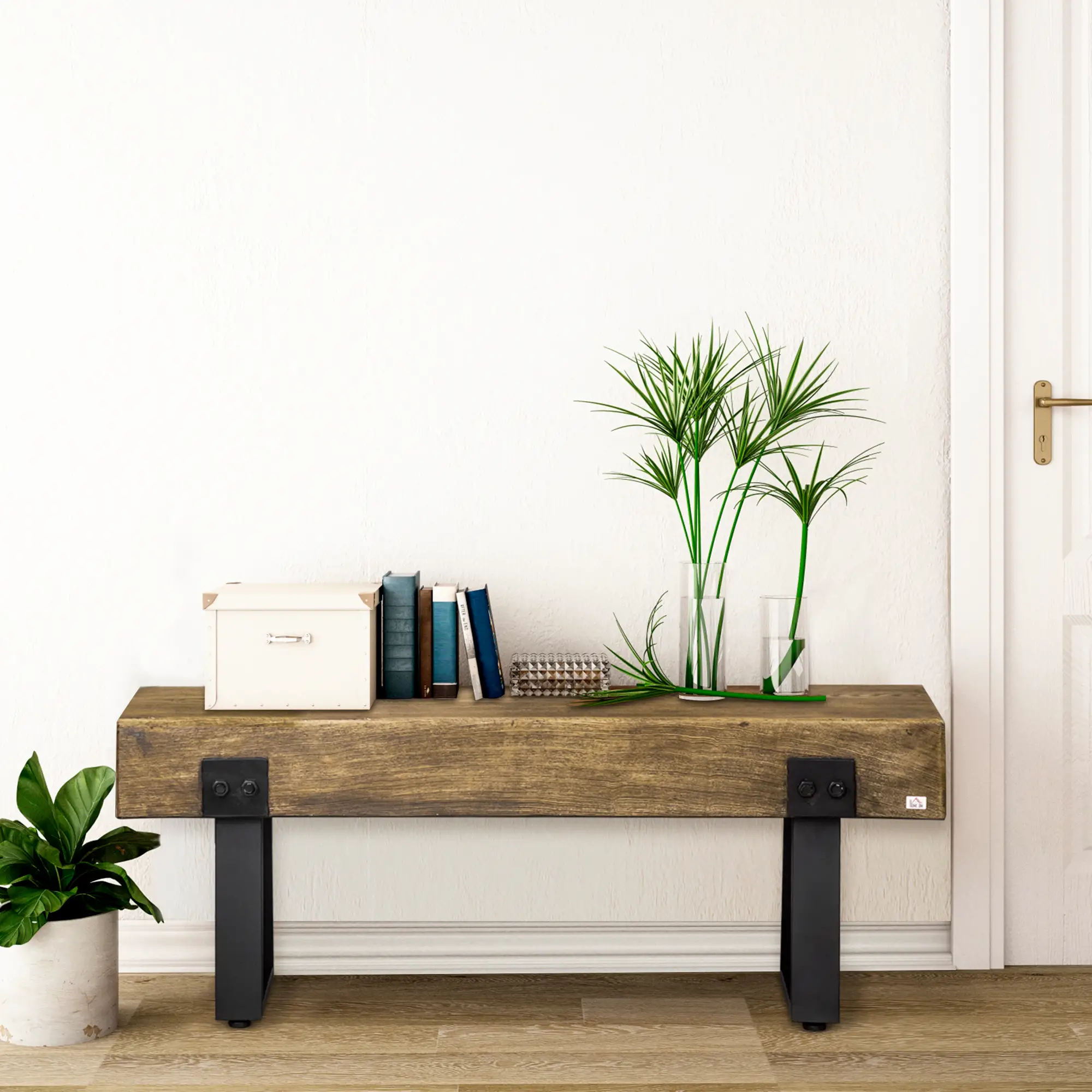 Outdoor Garden Bench, Metal Legs, Rustic Wood Effect Concrete, Natural and Black, Black - Image 7