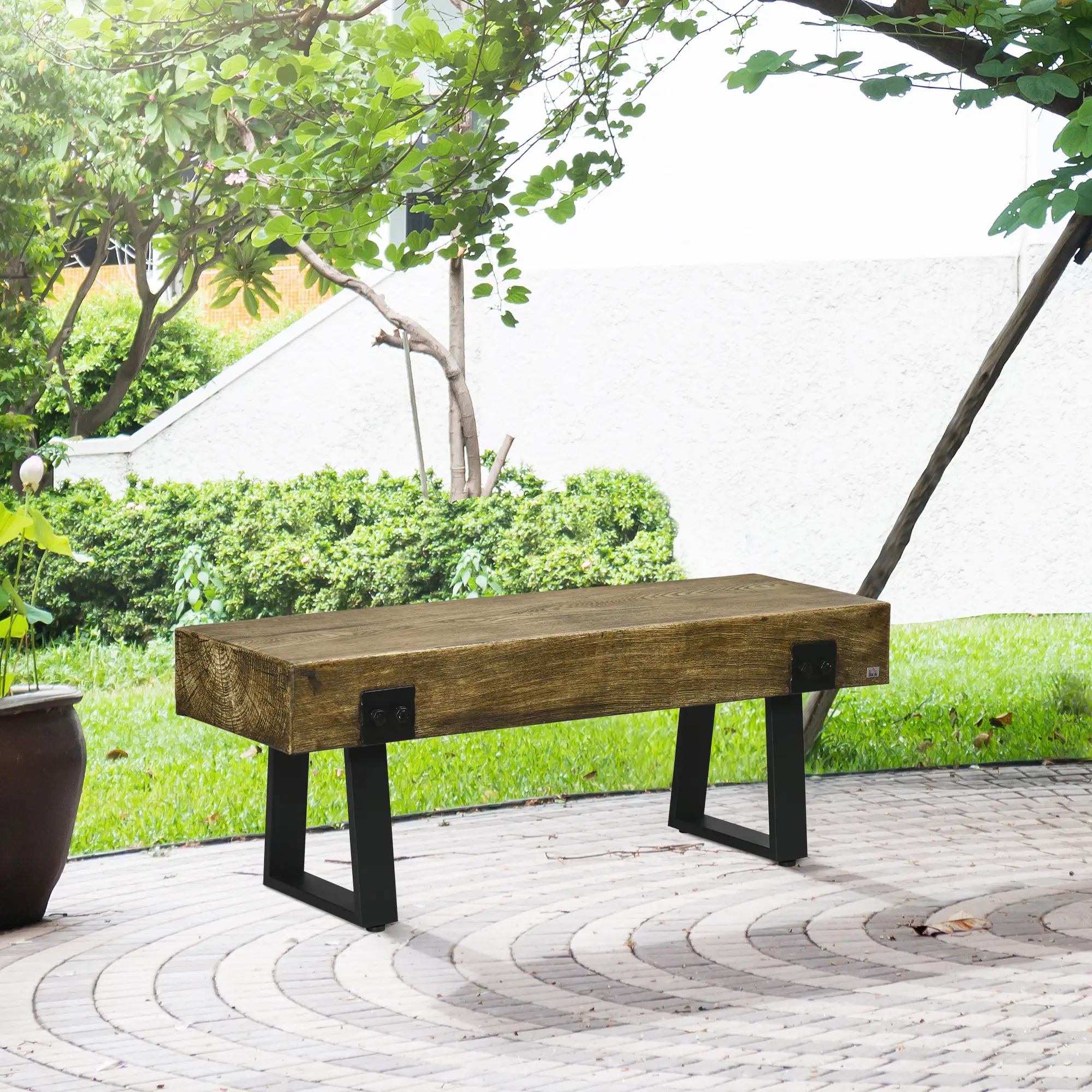 Outdoor Garden Bench, Metal Legs, Rustic Wood Effect Concrete, Natural and Black, Black - Image 8