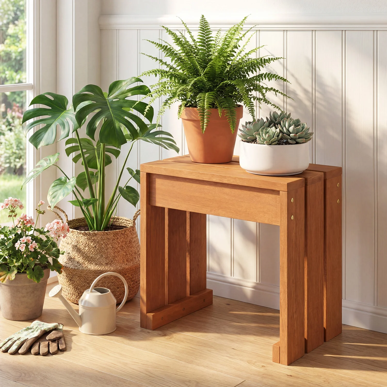 Outdoor Garden Bench, Single Person, Patio Backless, Solid Wood Frame - Image 6