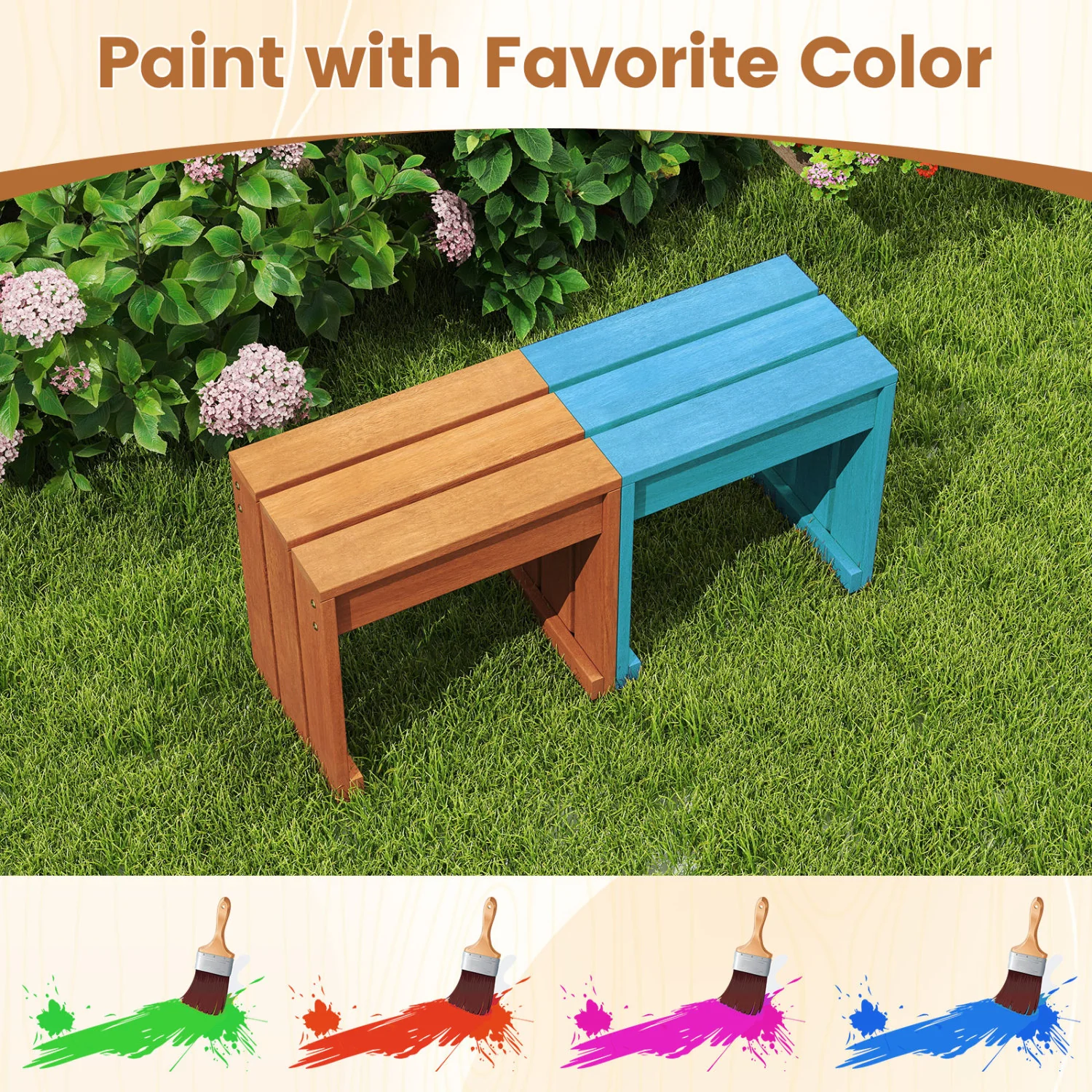 Outdoor Garden Bench, Single Person, Patio Backless, Solid Wood Frame - Image 9