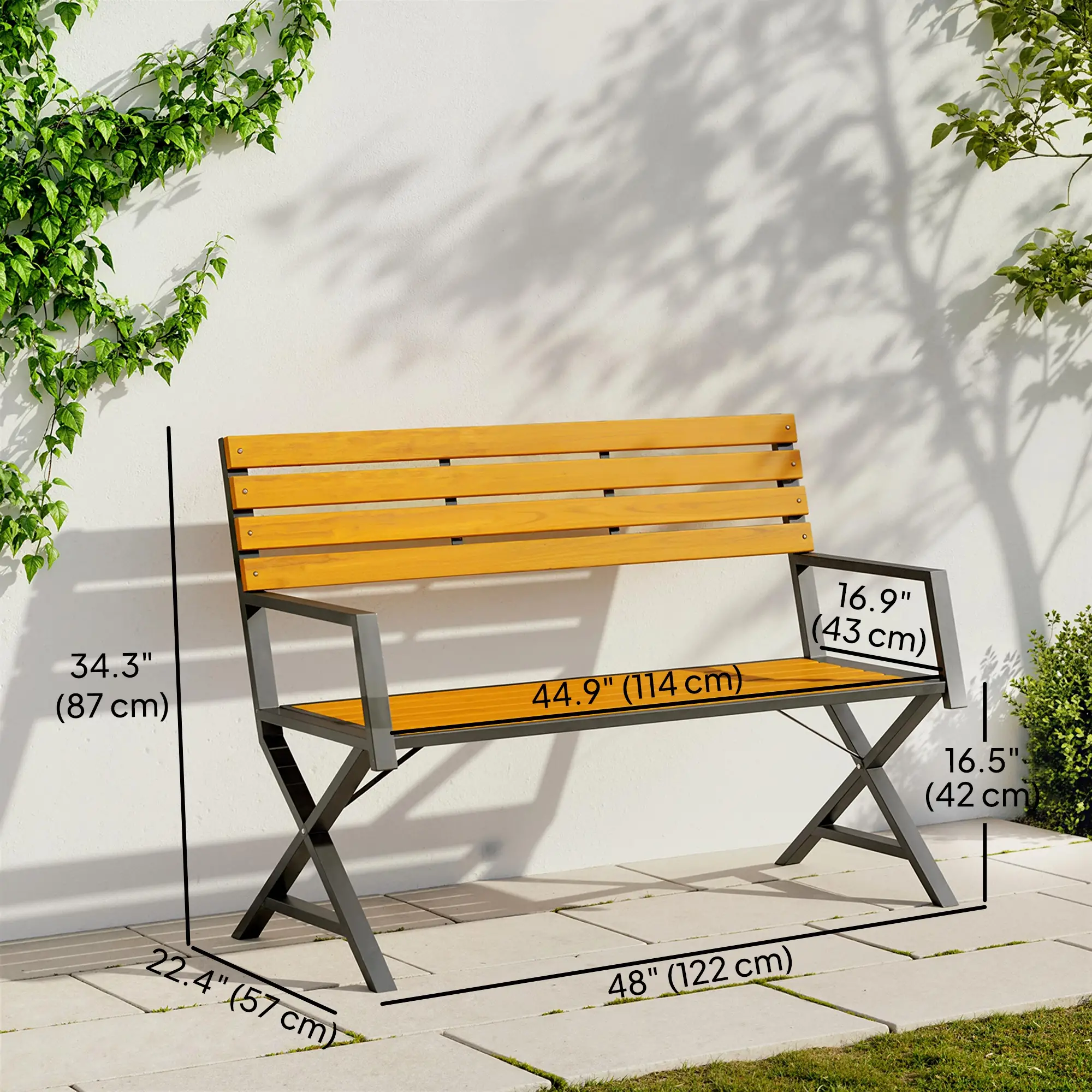 Outdoor Garden Bench With Backrest, Armrests, 2-Person Patio Seating - Image 3
