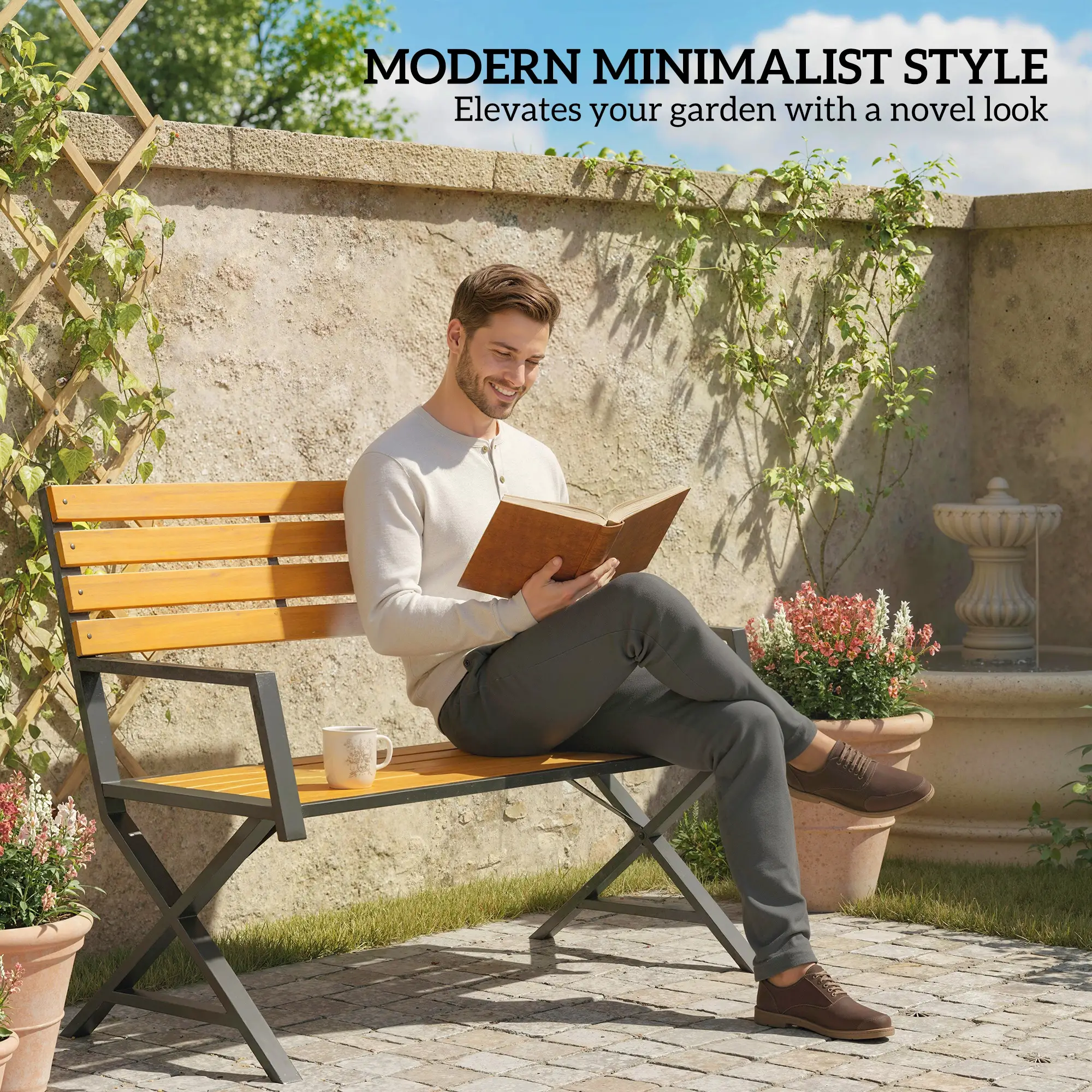 Outdoor Garden Bench With Backrest, Armrests, 2-Person Patio Seating - Image 4