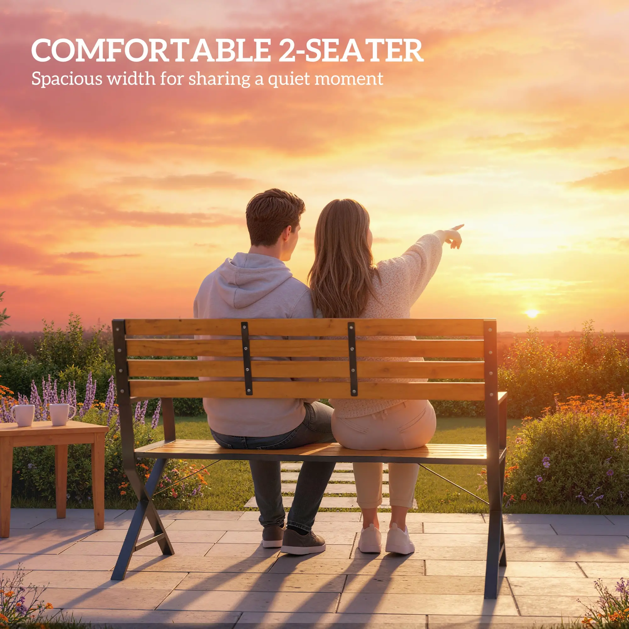 Outdoor Garden Bench With Backrest, Armrests, 2-Person Patio Seating - Image 6
