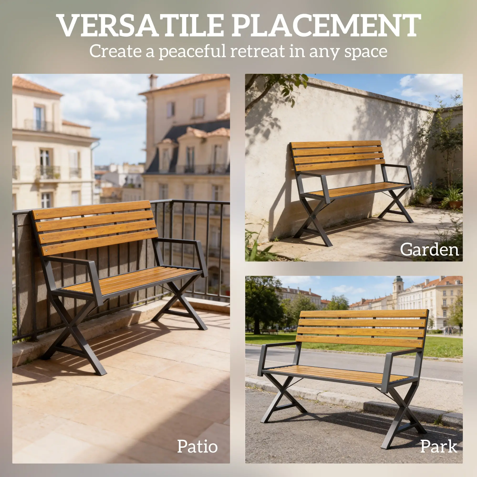 Outdoor Garden Bench With Backrest, Armrests, 2-Person Patio Seating - Image 9