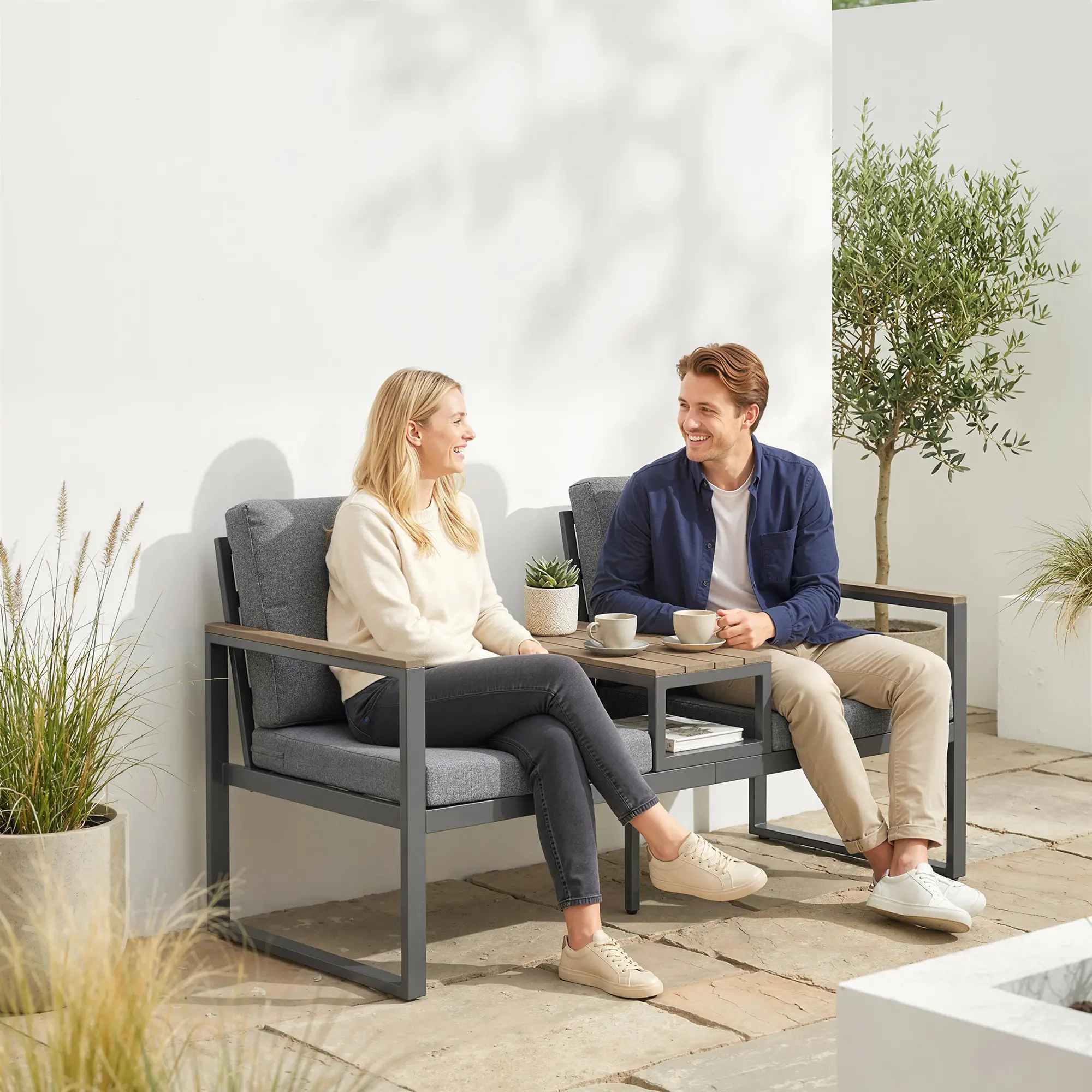 Outdoor Garden Bench With Integrated Table, 2 Seater Patio Loveseat, 136 cm, Grey - Image 10