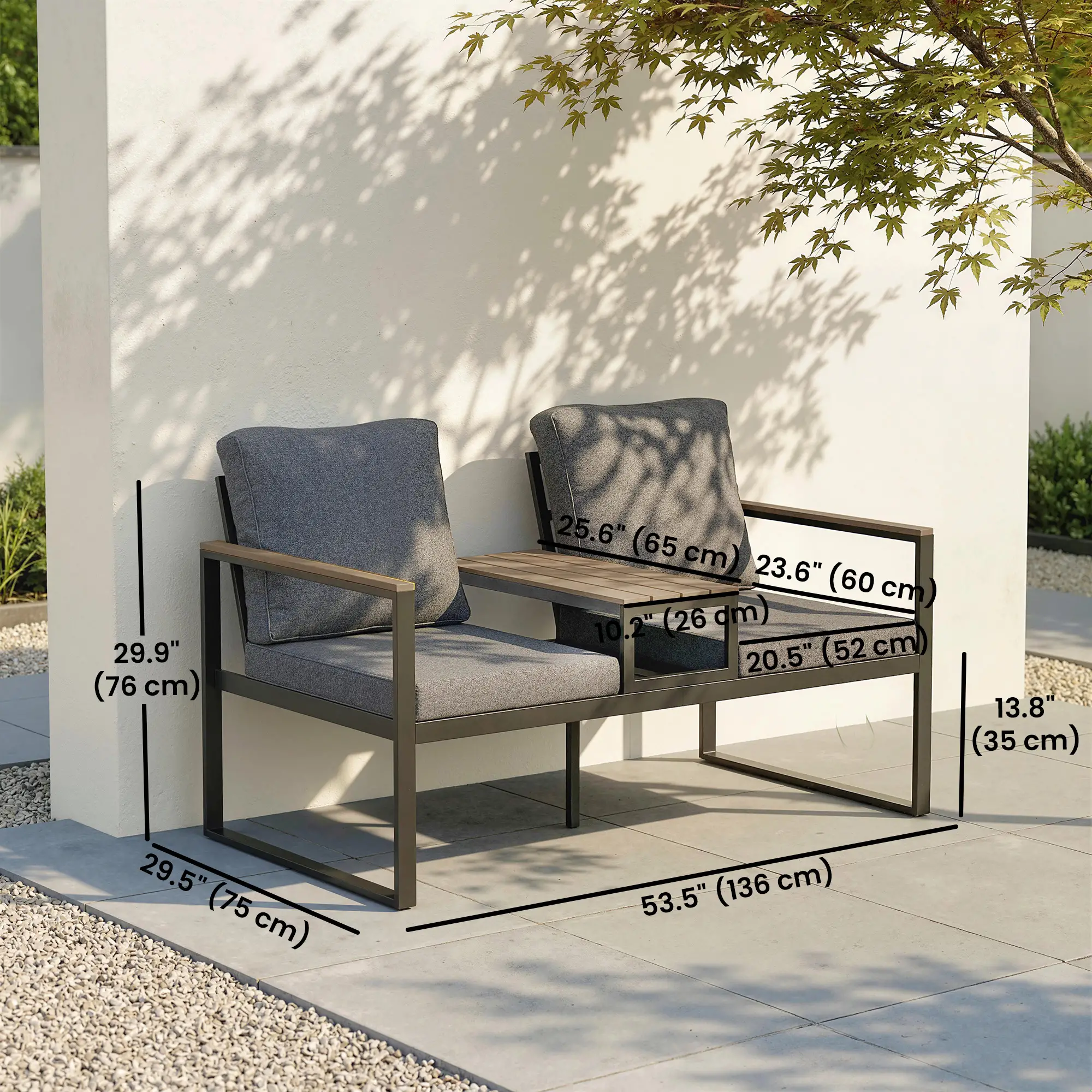 Outdoor Garden Bench With Integrated Table, 2 Seater Patio Loveseat, 136 cm, Grey - Image 3