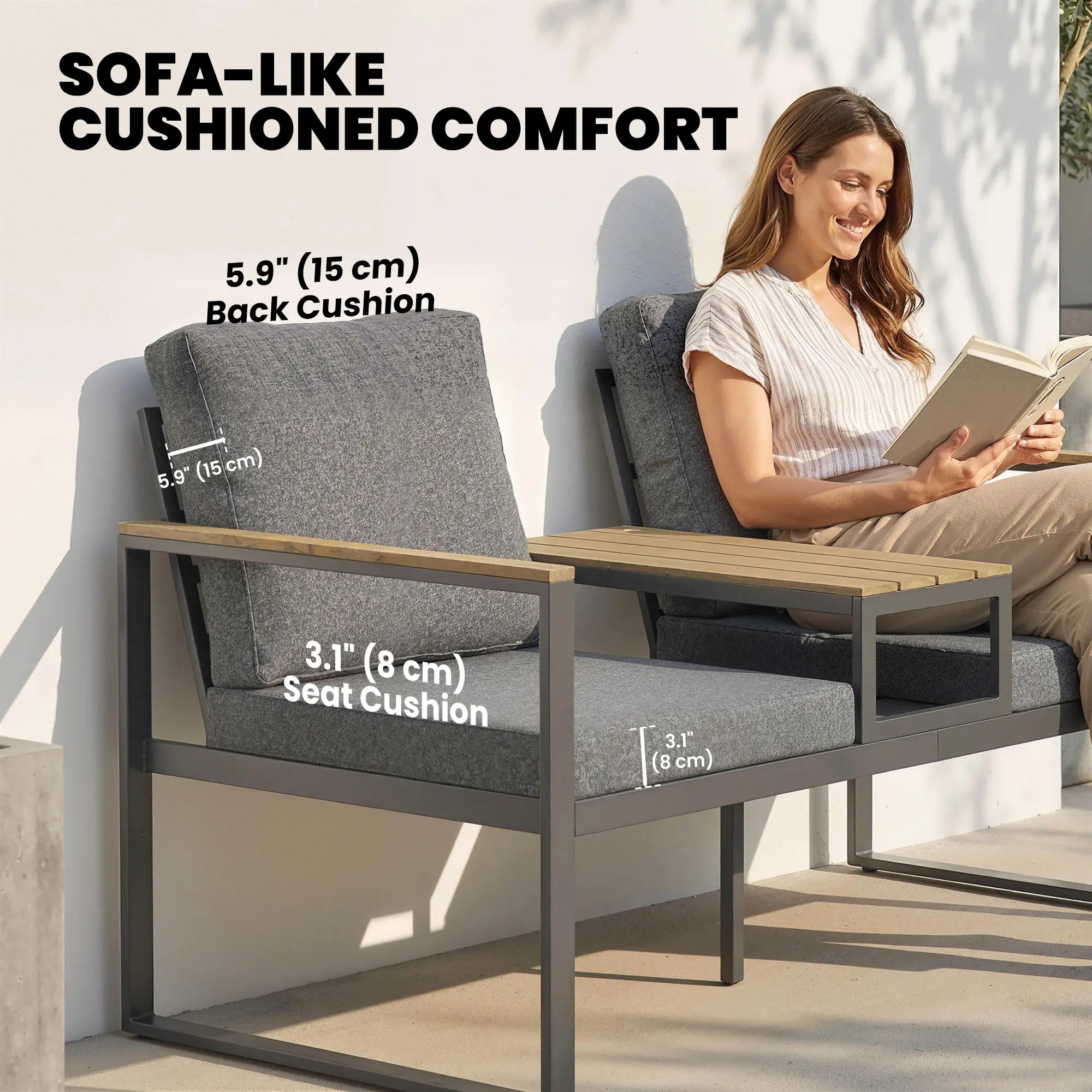 Outdoor Garden Bench With Integrated Table, 2 Seater Patio Loveseat, 136 cm, Grey - Image 4