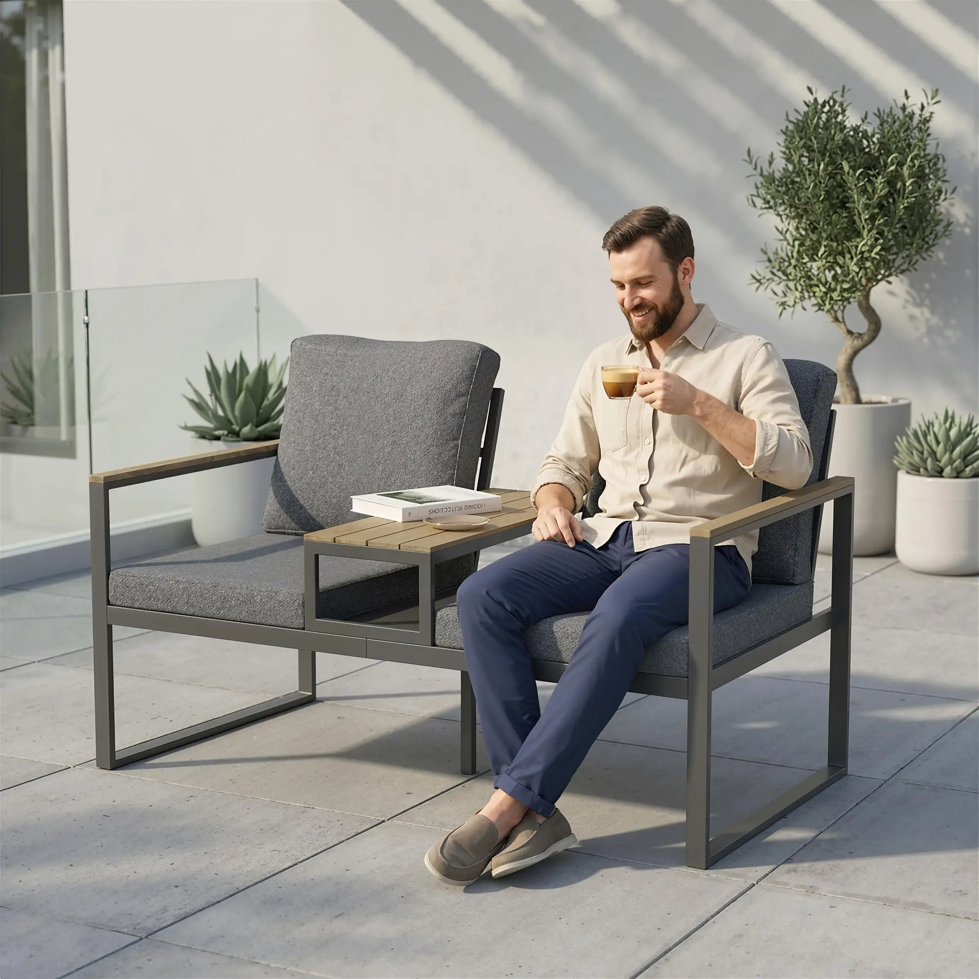 Outdoor Garden Bench With Integrated Table, 2 Seater Patio Loveseat, 136 cm, Grey - Image 8