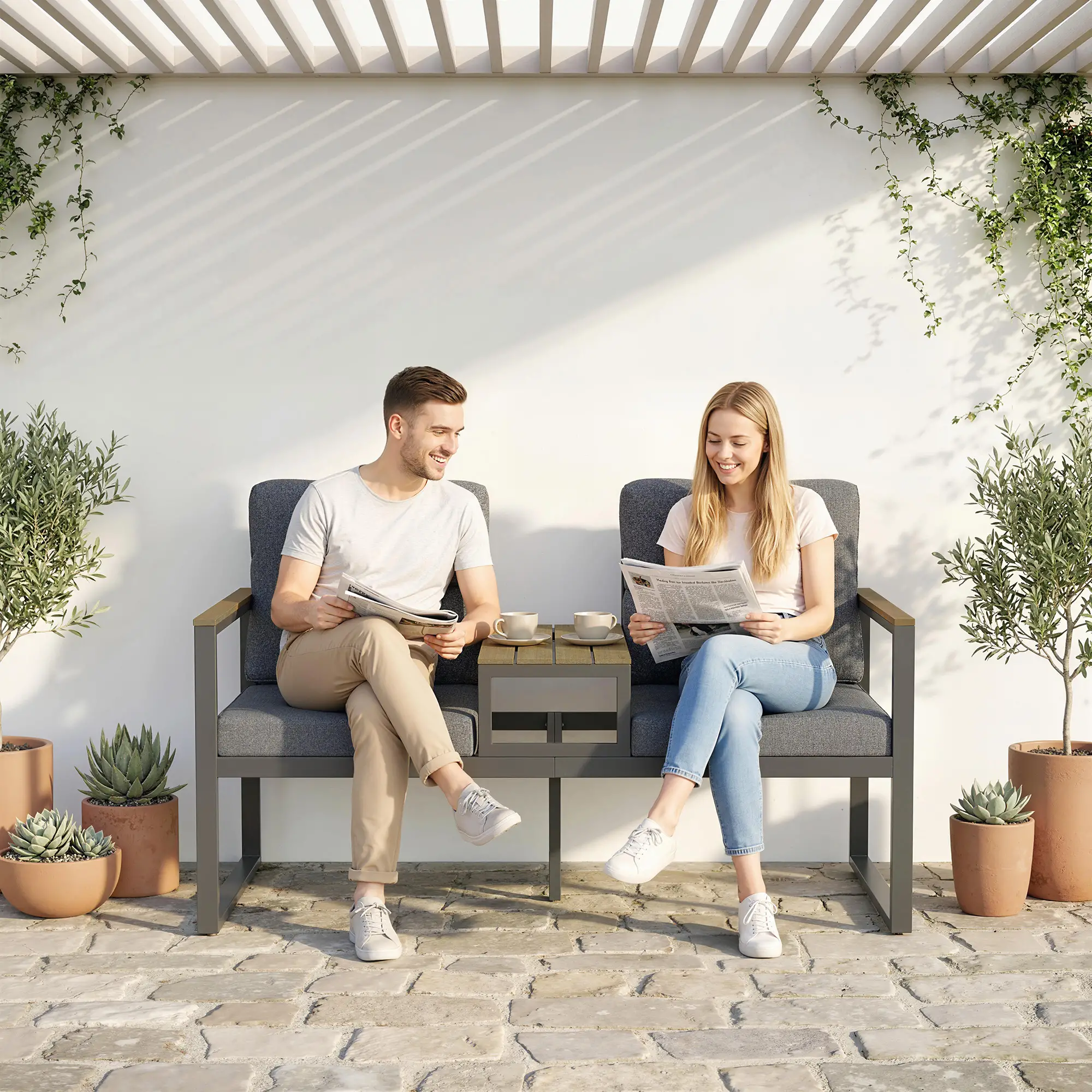 Outdoor Garden Bench With Integrated Table, 2 Seater Patio Loveseat, 136 cm, Grey - Image 9