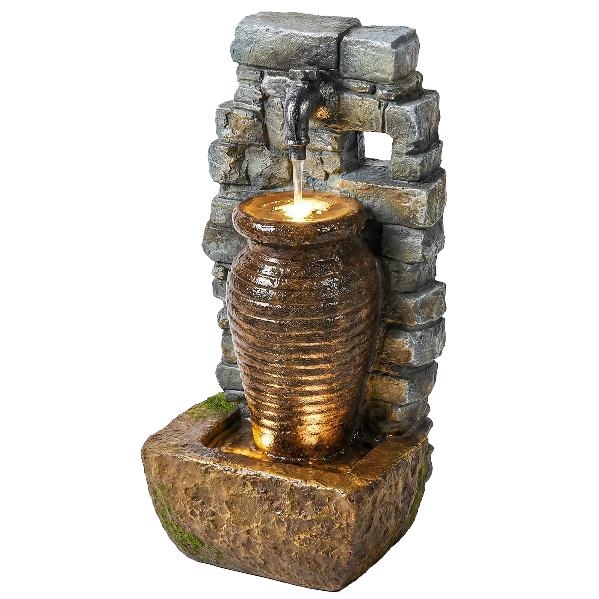 Outdoor Garden Fountain, Adjustable Water Flow, LED Lights, Rustic Urn Design