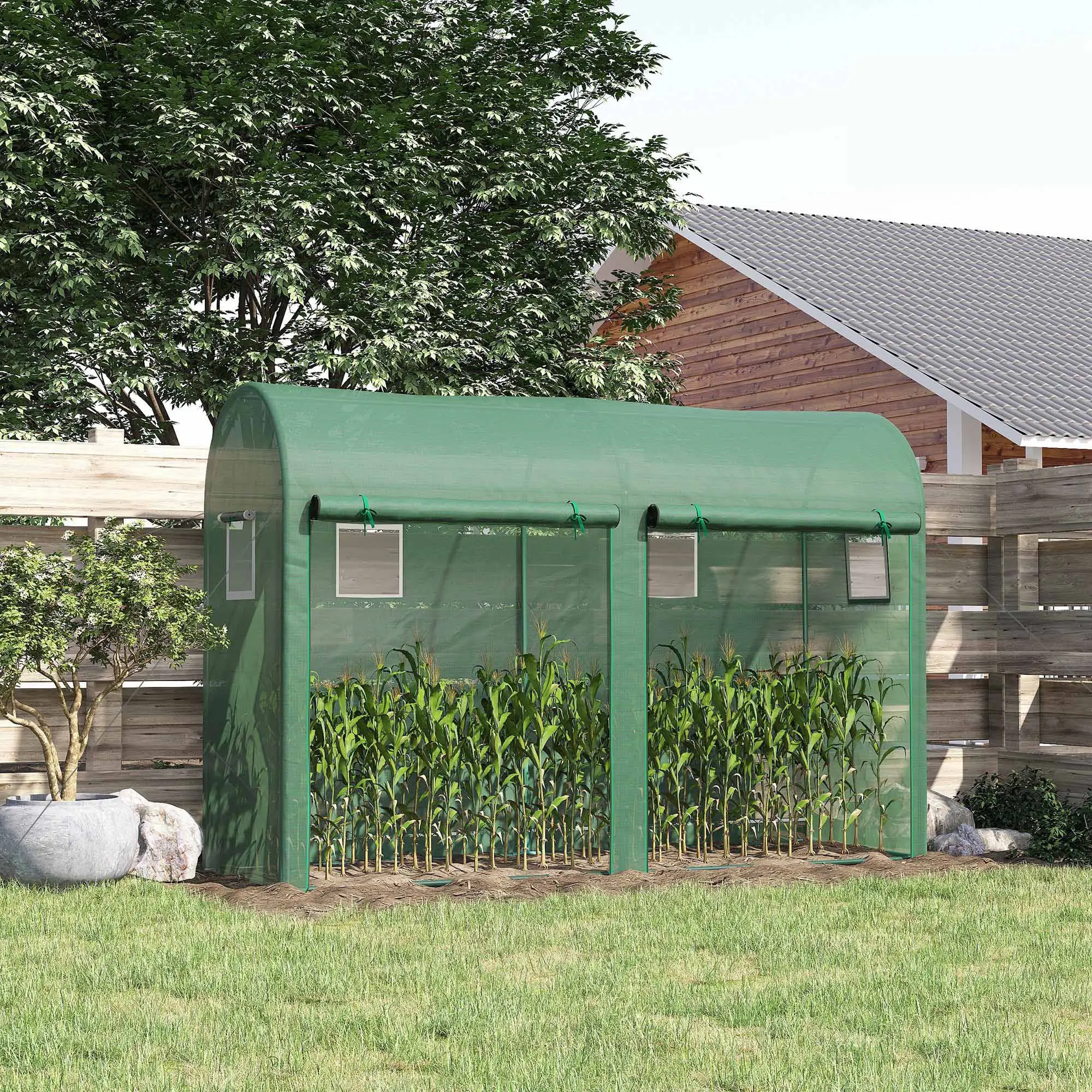Outdoor Garden Greenhouse, Steel Tent, 2 Doors, 4 Windows, 9.8'x3.3'x6.6', Green - Image 2