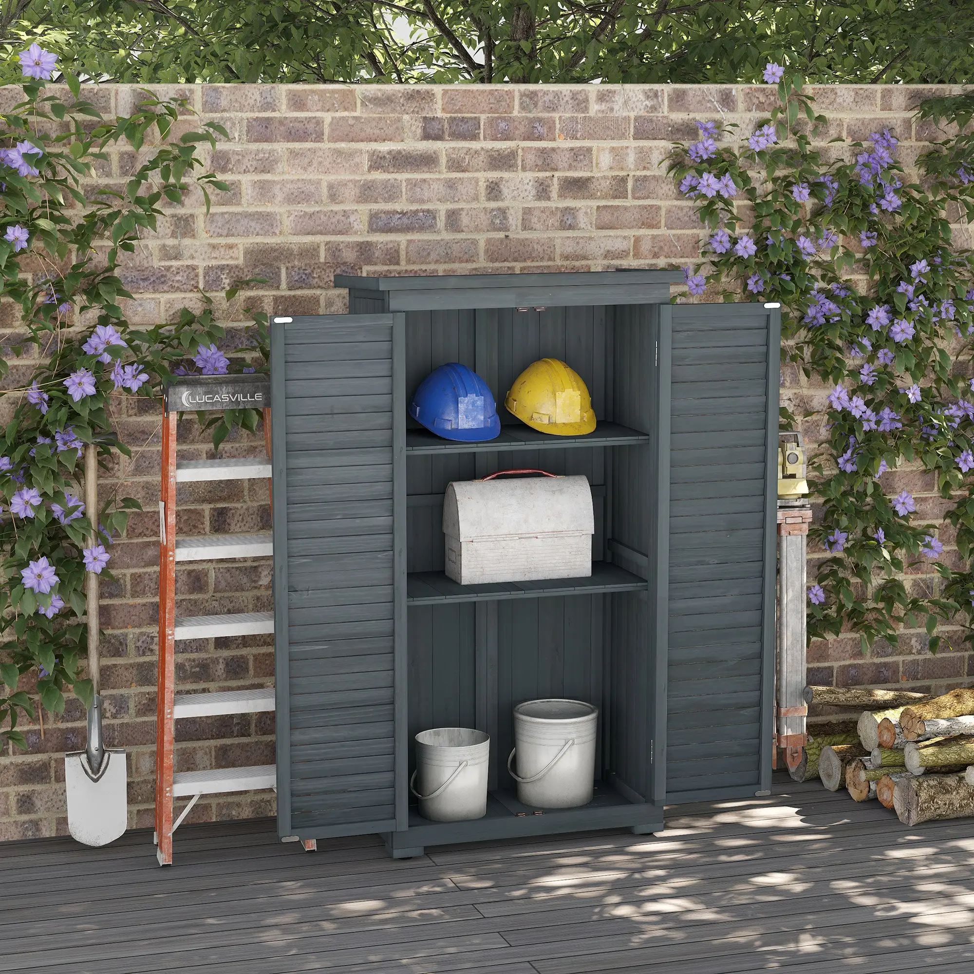 Outdoor Garden Shed, Wooden Tool Storage, 3-Tier Shelves, 34.3" x 18.3" x 63", Grey - Image 2