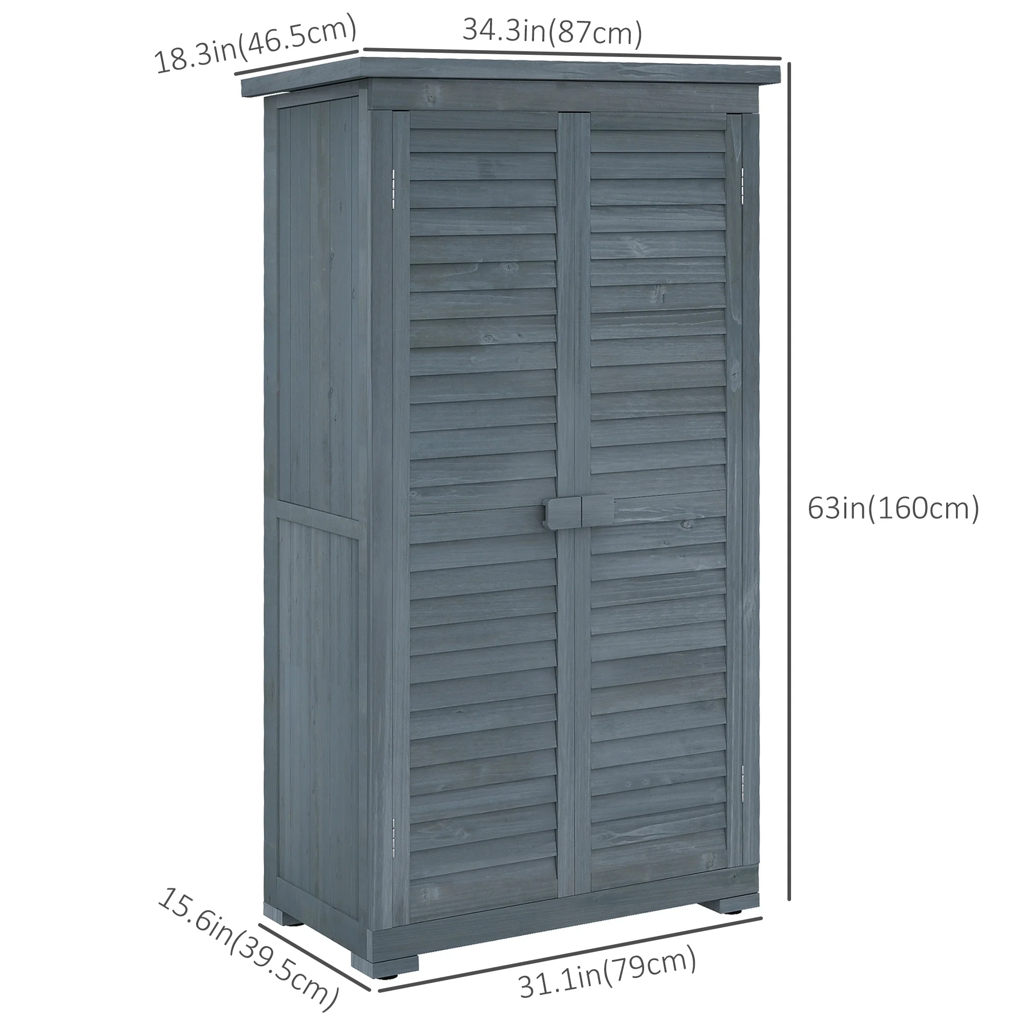 Outdoor Garden Shed, Wooden Tool Storage, 3-Tier Shelves, 34.3" x 18.3" x 63", Grey - Image 3