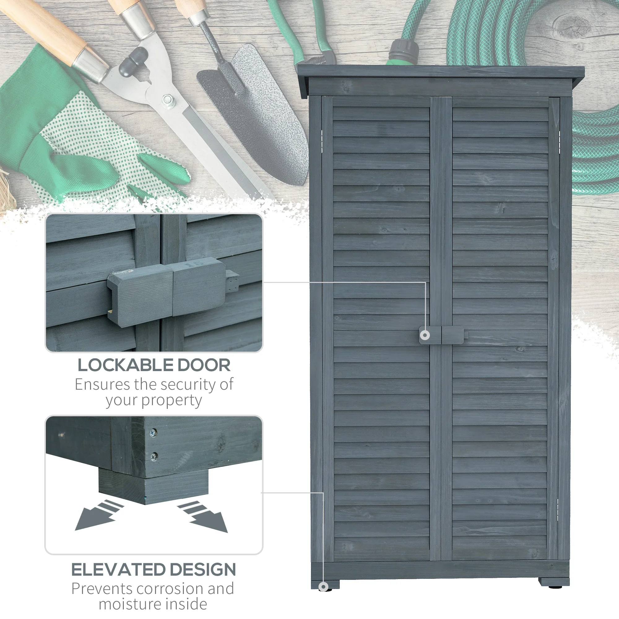 Outdoor Garden Shed, Wooden Tool Storage, 3-Tier Shelves, 34.3" x 18.3" x 63", Grey - Image 6