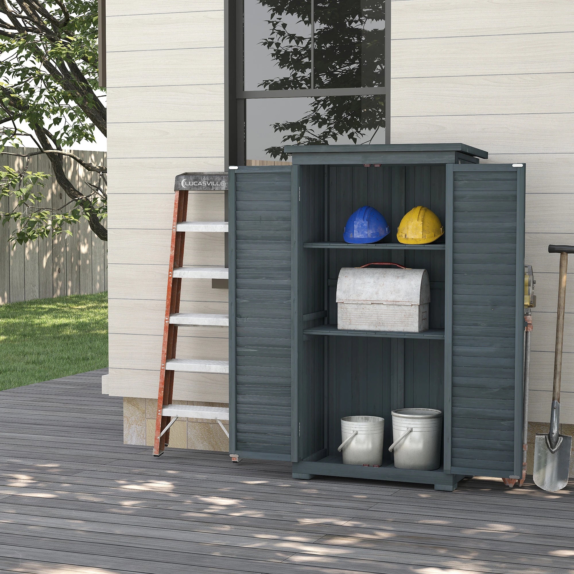 Outdoor Garden Shed, Wooden Tool Storage, 3-Tier Shelves, 34.3" x 18.3" x 63", Grey - Image 8
