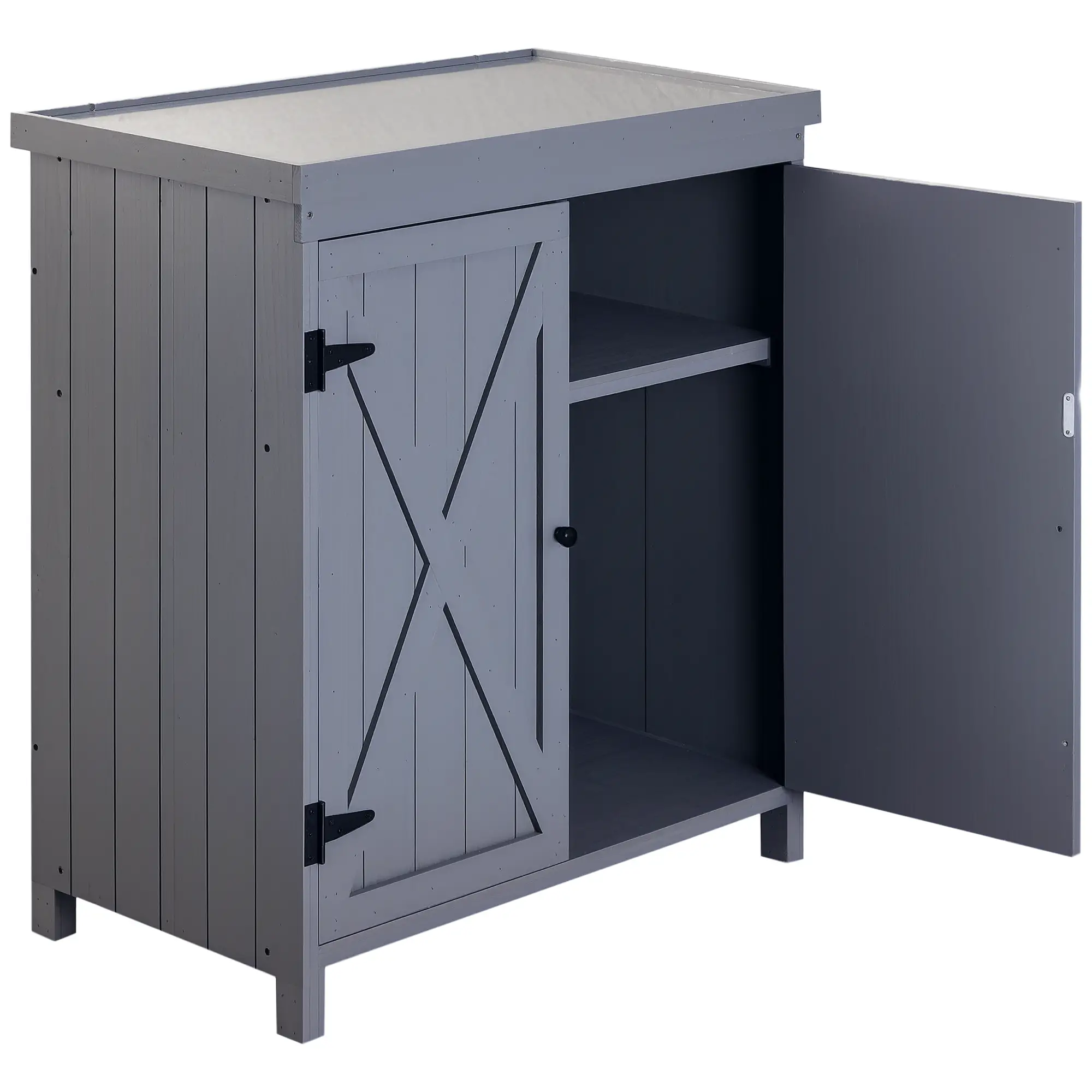 Outdoor Garden Storage Cabinet, Galvanized Top, Two Shelves, Grey