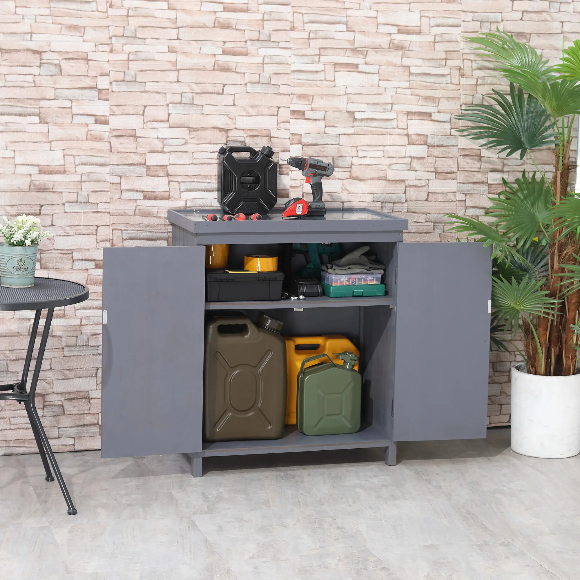 Outdoor Garden Storage Cabinet, Galvanized Top, Two Shelves, Grey - Image 2