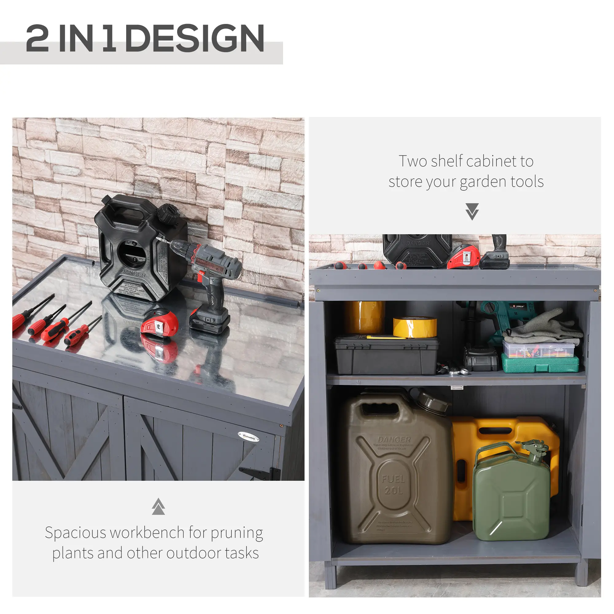 Outdoor Garden Storage Cabinet, Galvanized Top, Two Shelves, Grey - Image 4