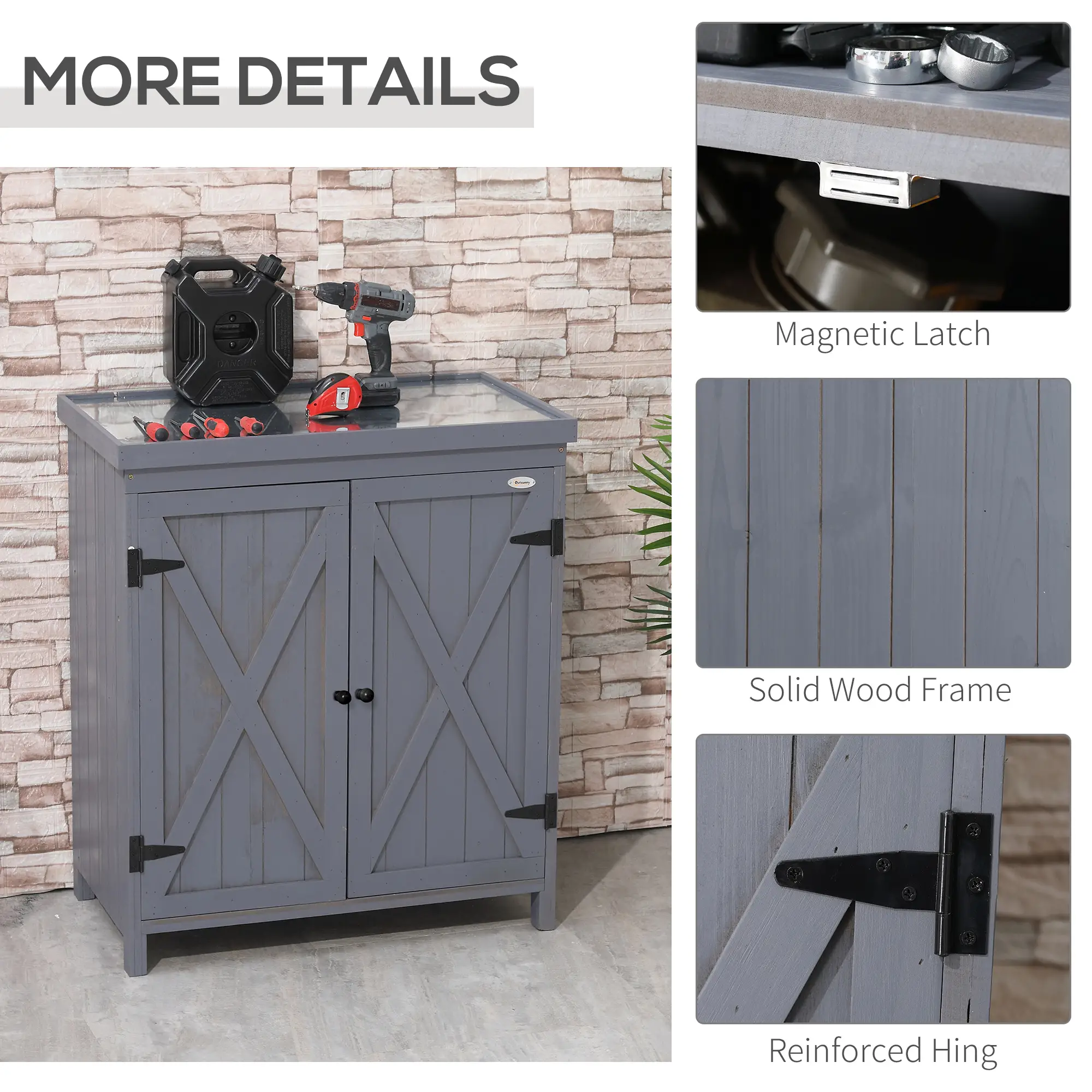 Outdoor Garden Storage Cabinet, Galvanized Top, Two Shelves, Grey - Image 6