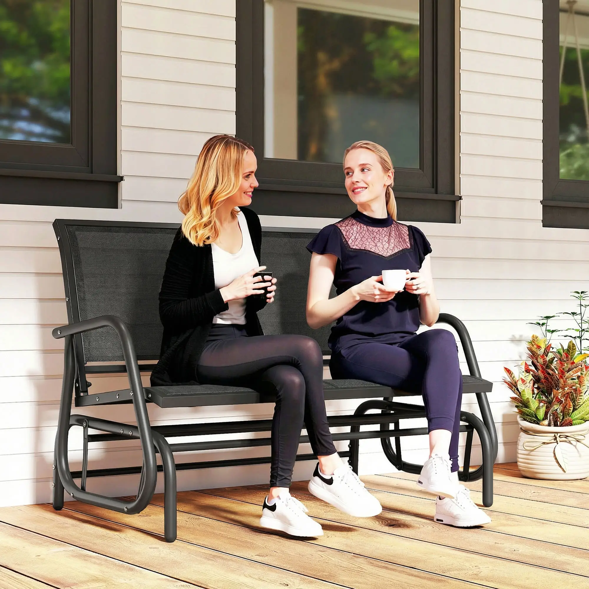 Outdoor Glider Bench, 2 Seater Garden Patio Chair, Black - Image 8