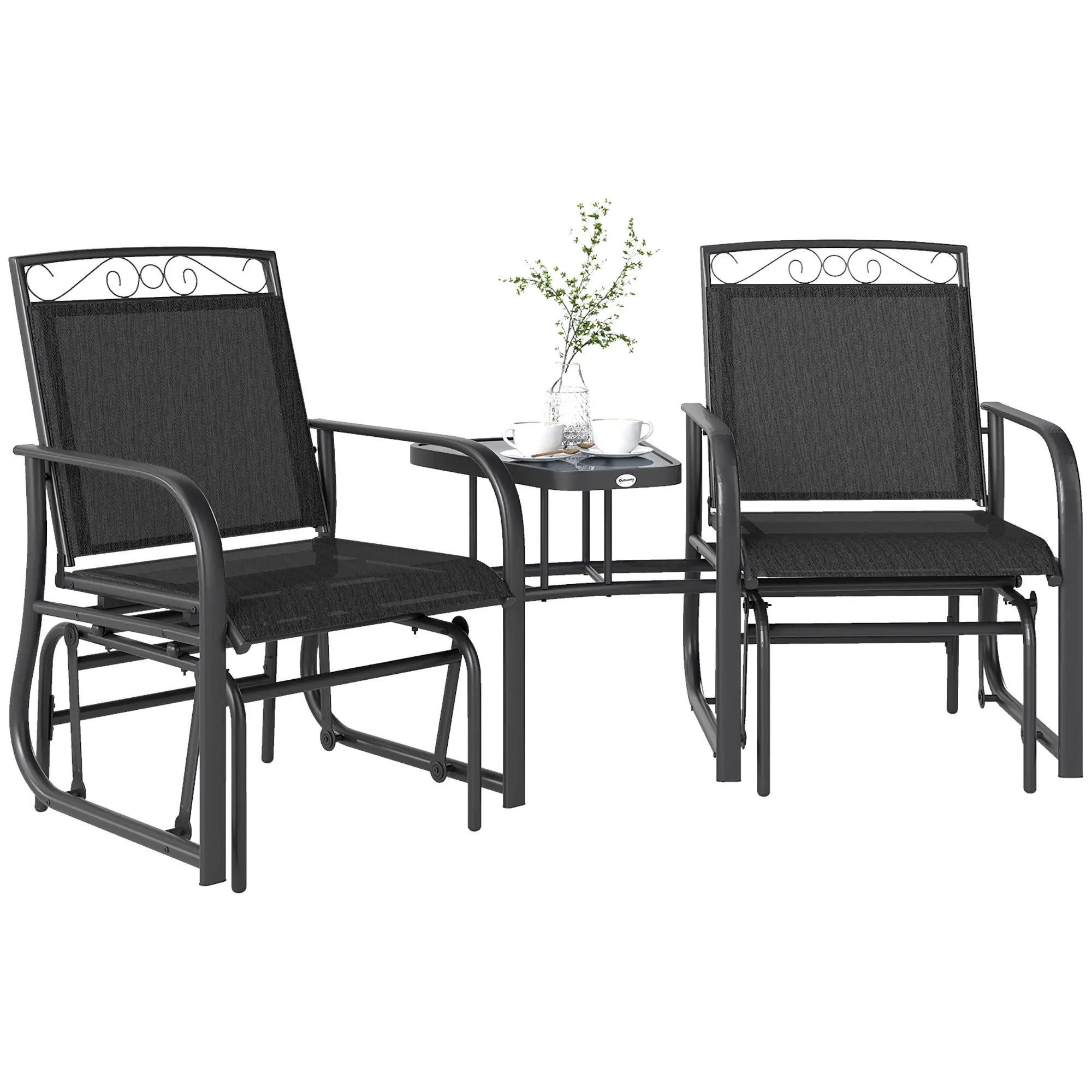 Outdoor Glider Bench with Coffee Table, 2-Seat Rocking Chair Swing, Black