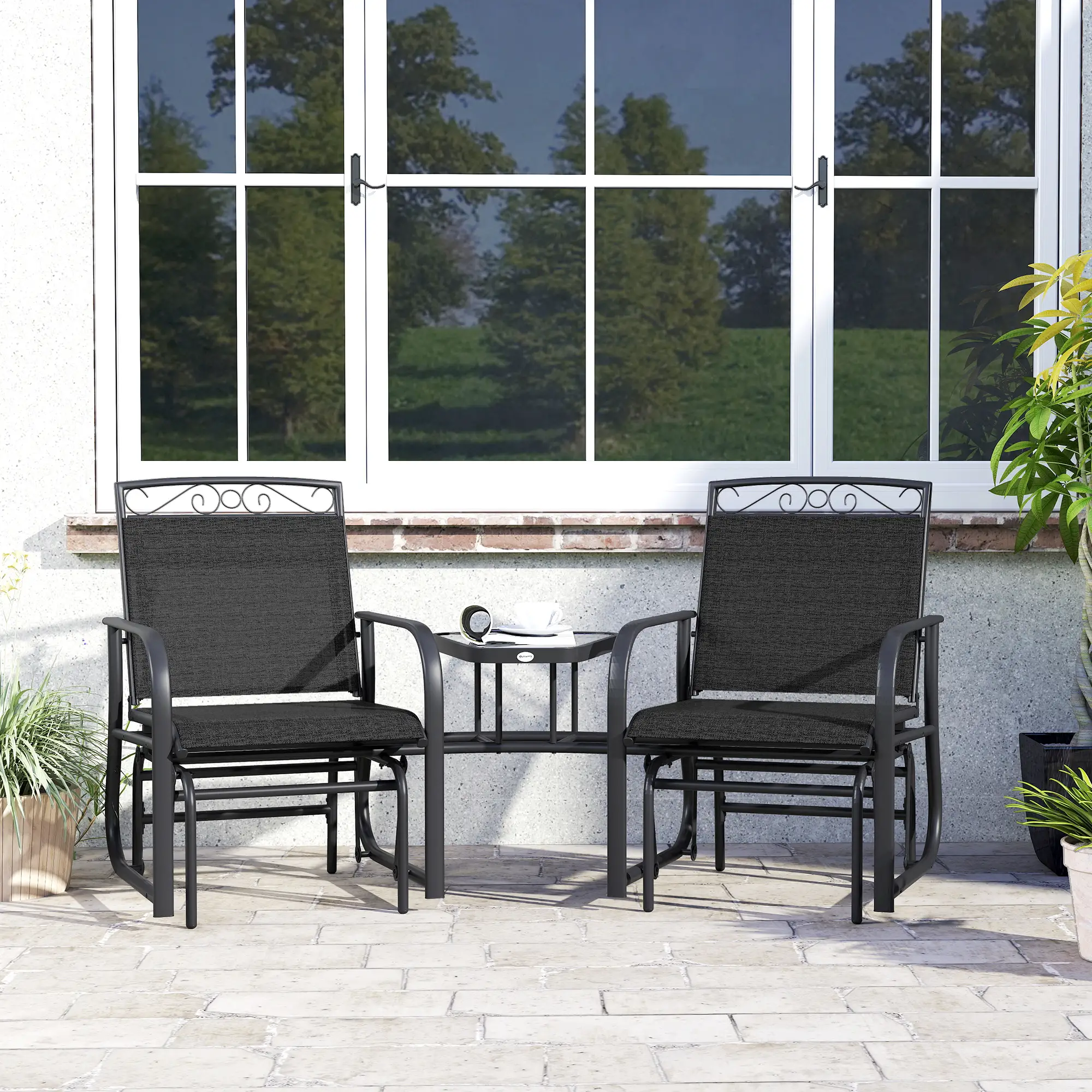 Outdoor Glider Bench with Coffee Table, 2-Seat Rocking Chair Swing, Black - Image 10