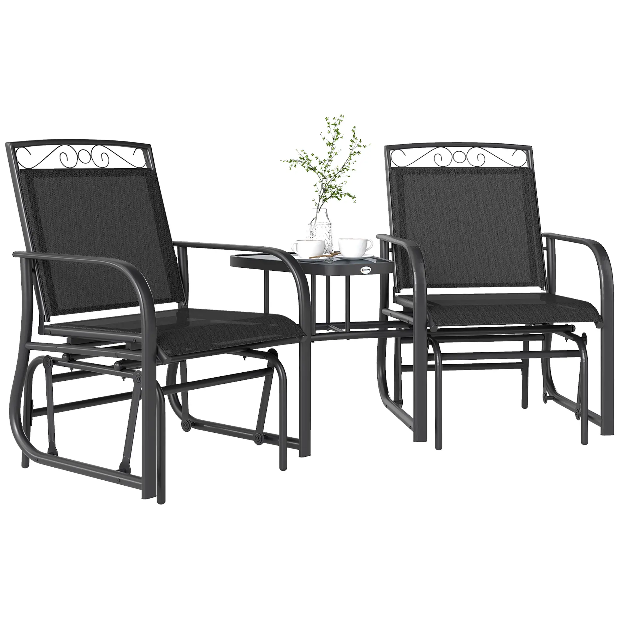 Outdoor Glider Bench with Coffee Table, 2-Seat Rocking Chair Swing, Black - Image 11