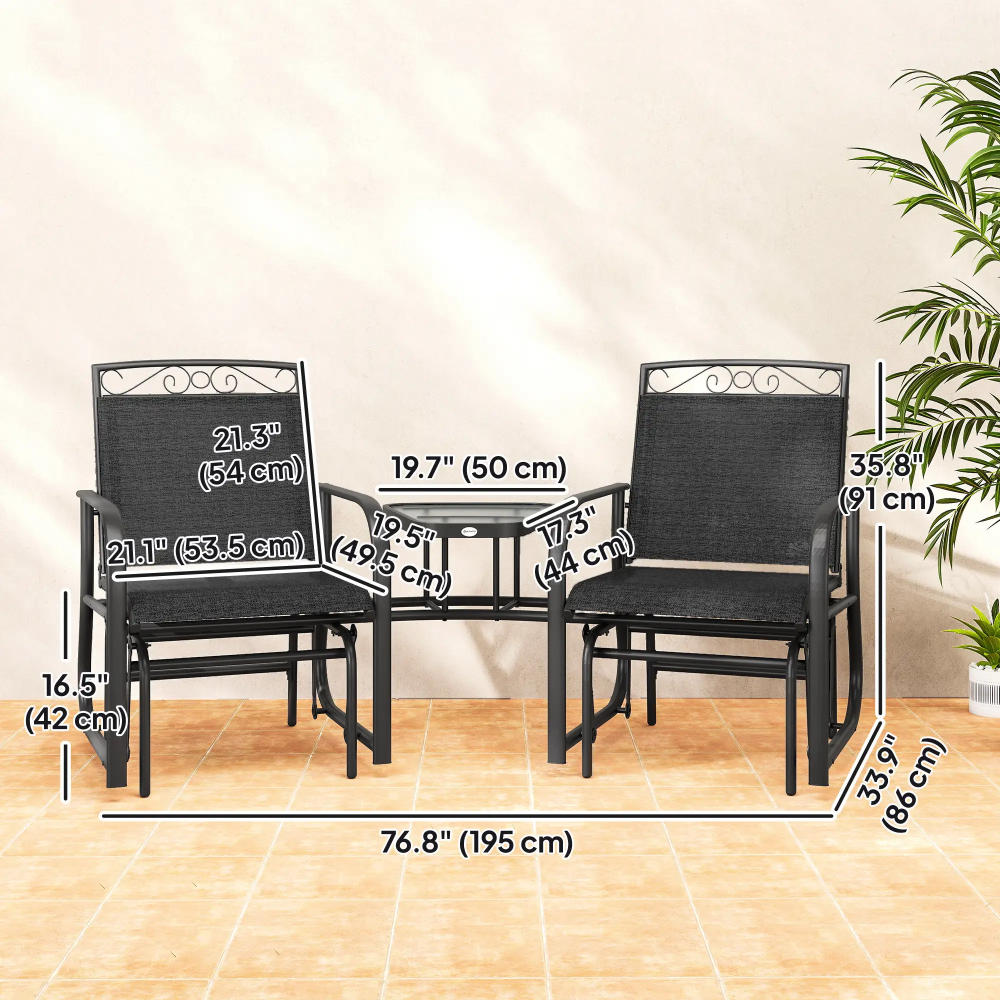 Outdoor Glider Bench with Coffee Table, 2-Seat Rocking Chair Swing, Black - Image 3