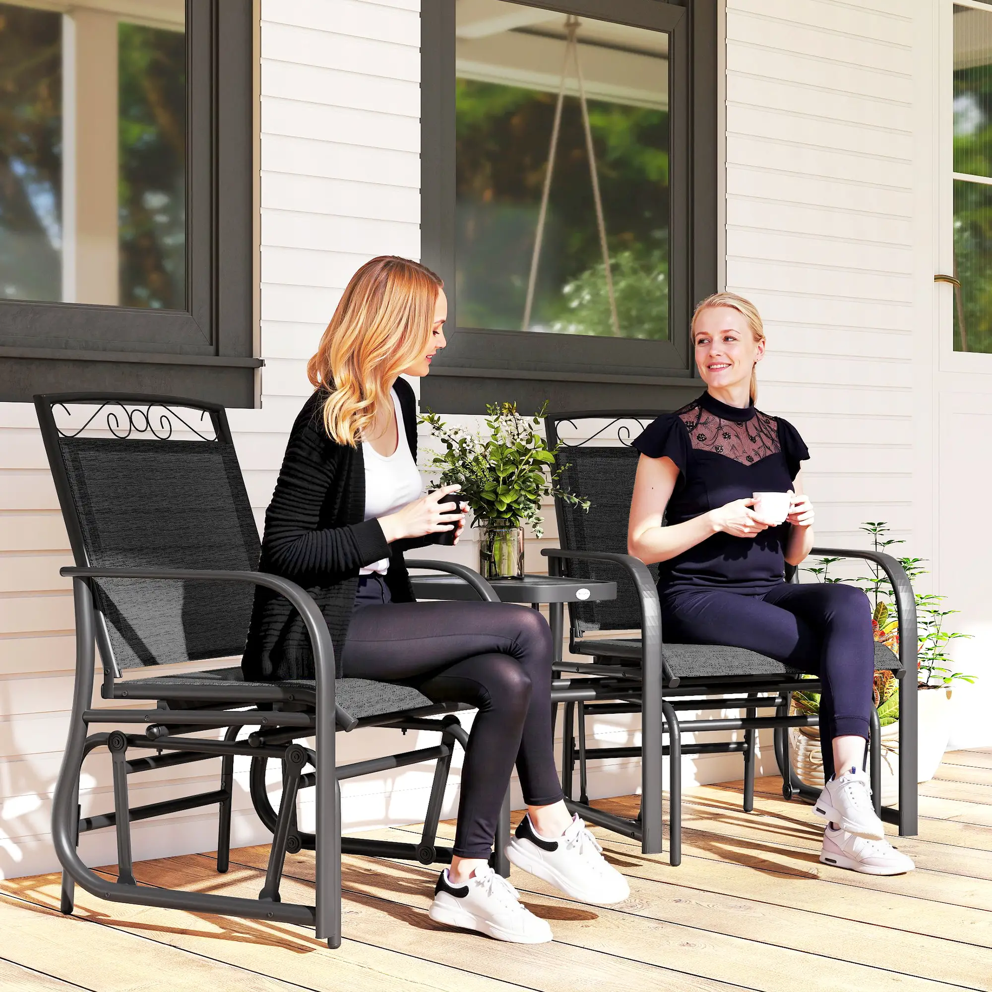 Outdoor Glider Bench with Coffee Table, 2-Seat Rocking Chair Swing, Black - Image 8