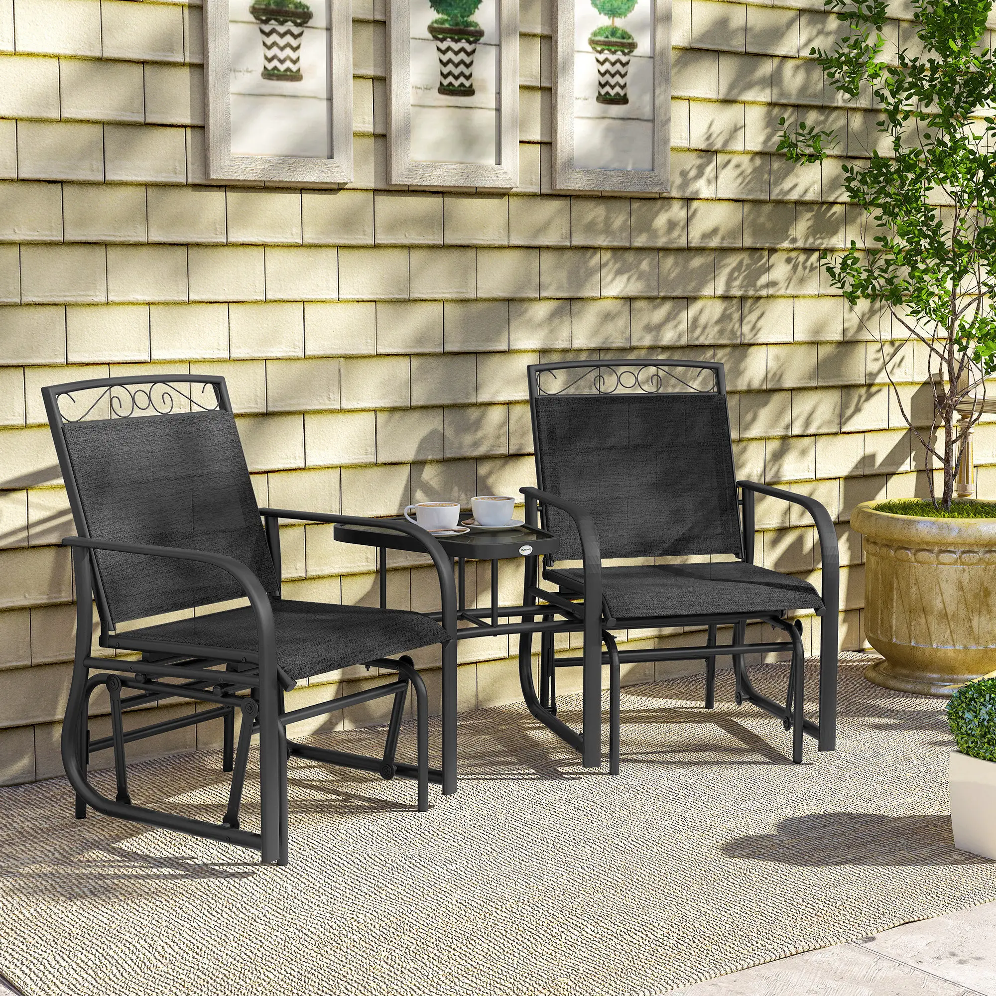 Outdoor Glider Bench with Coffee Table, 2-Seat Rocking Chair Swing, Black - Image 9