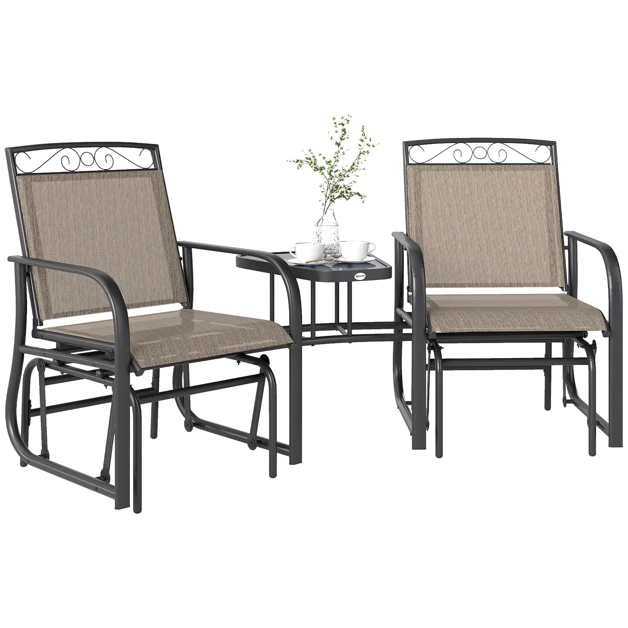 Outdoor Glider Bench with Coffee Table, 2-Seat Rocking Chair Swing, Brown