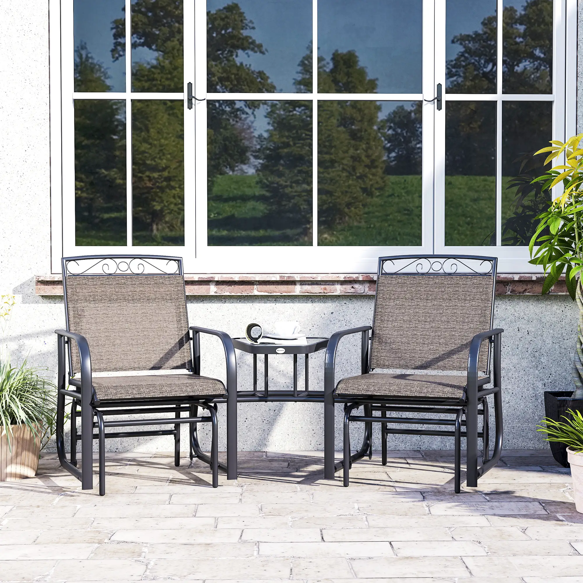 Outdoor Glider Bench with Coffee Table, 2-Seat Rocking Chair Swing, Brown - Image 10