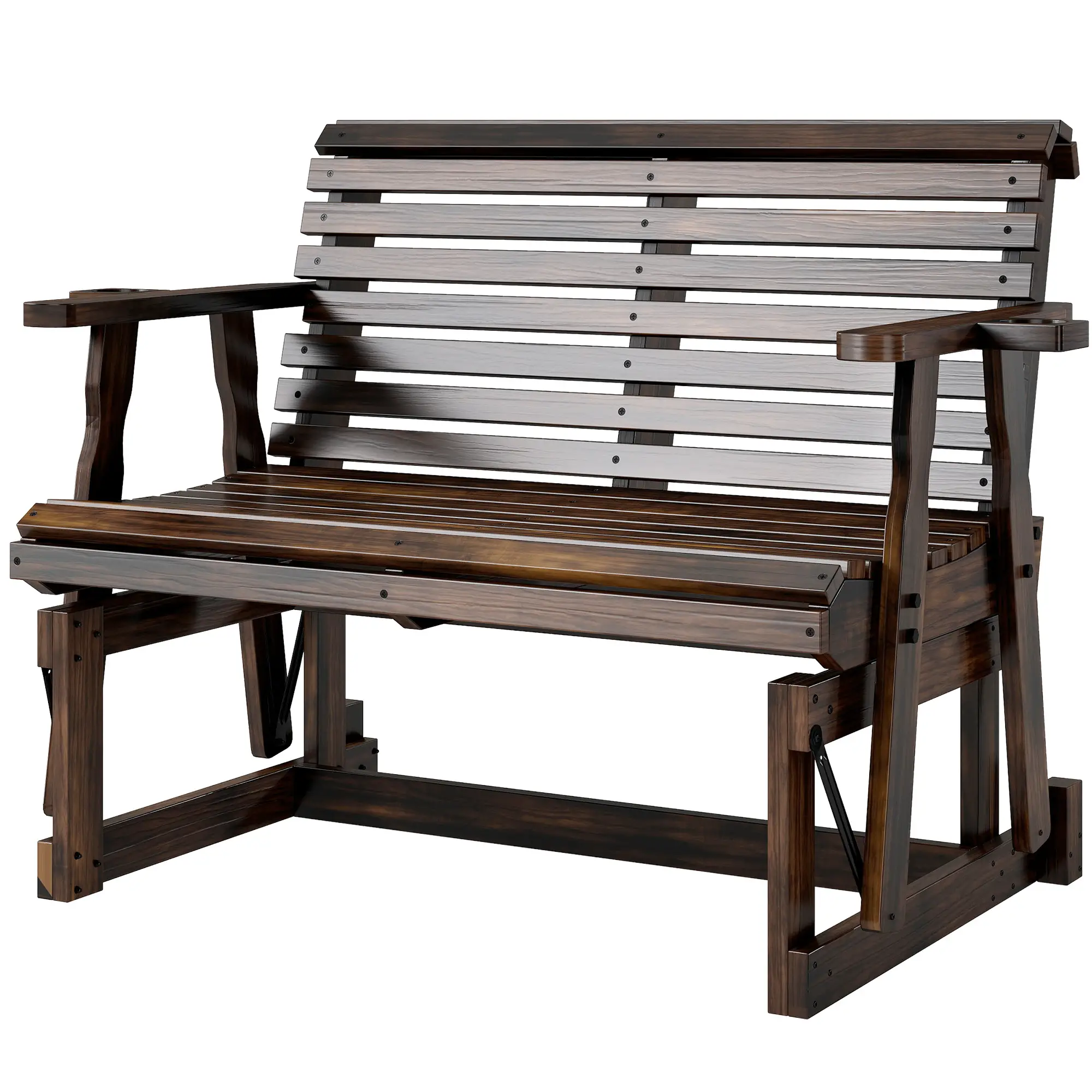Outdoor Glider Bench, Wooden Glider Chair With 2 Cupholders