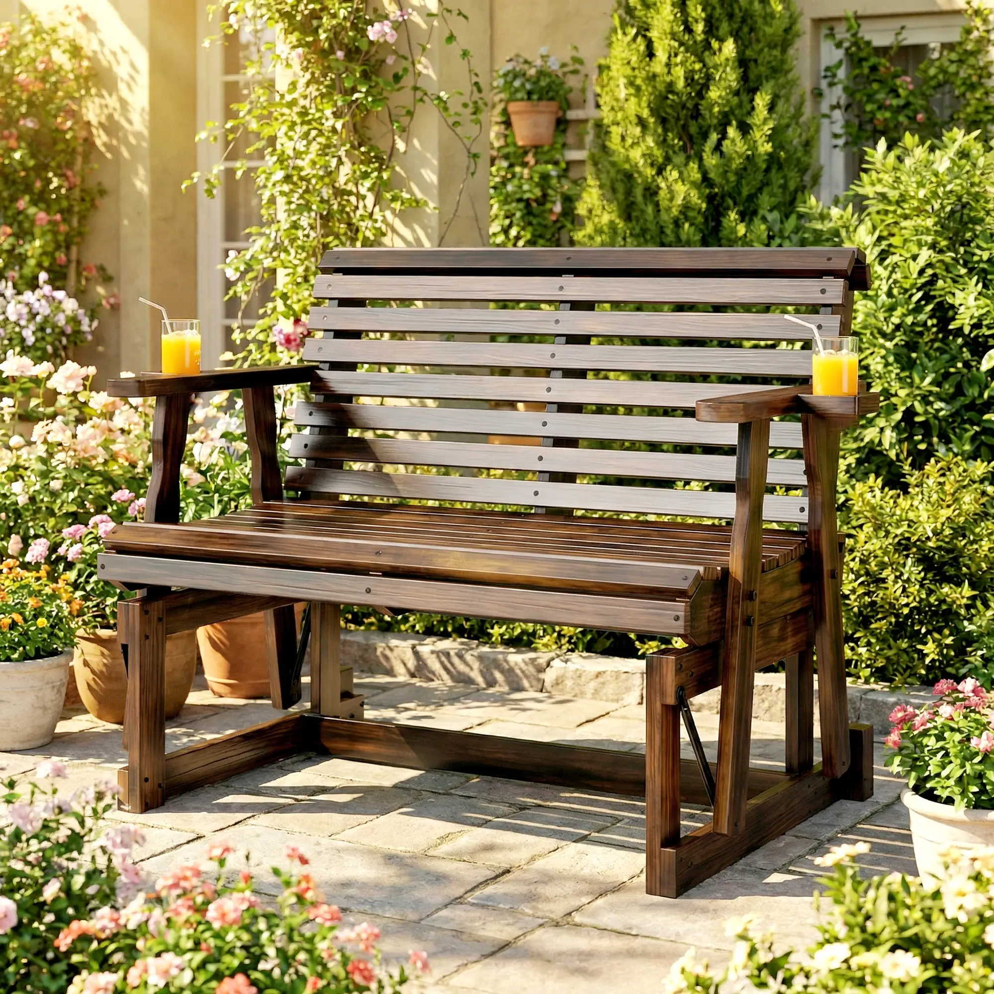 Outdoor Glider Bench, Wooden Glider Chair With 2 Cupholders - Image 10