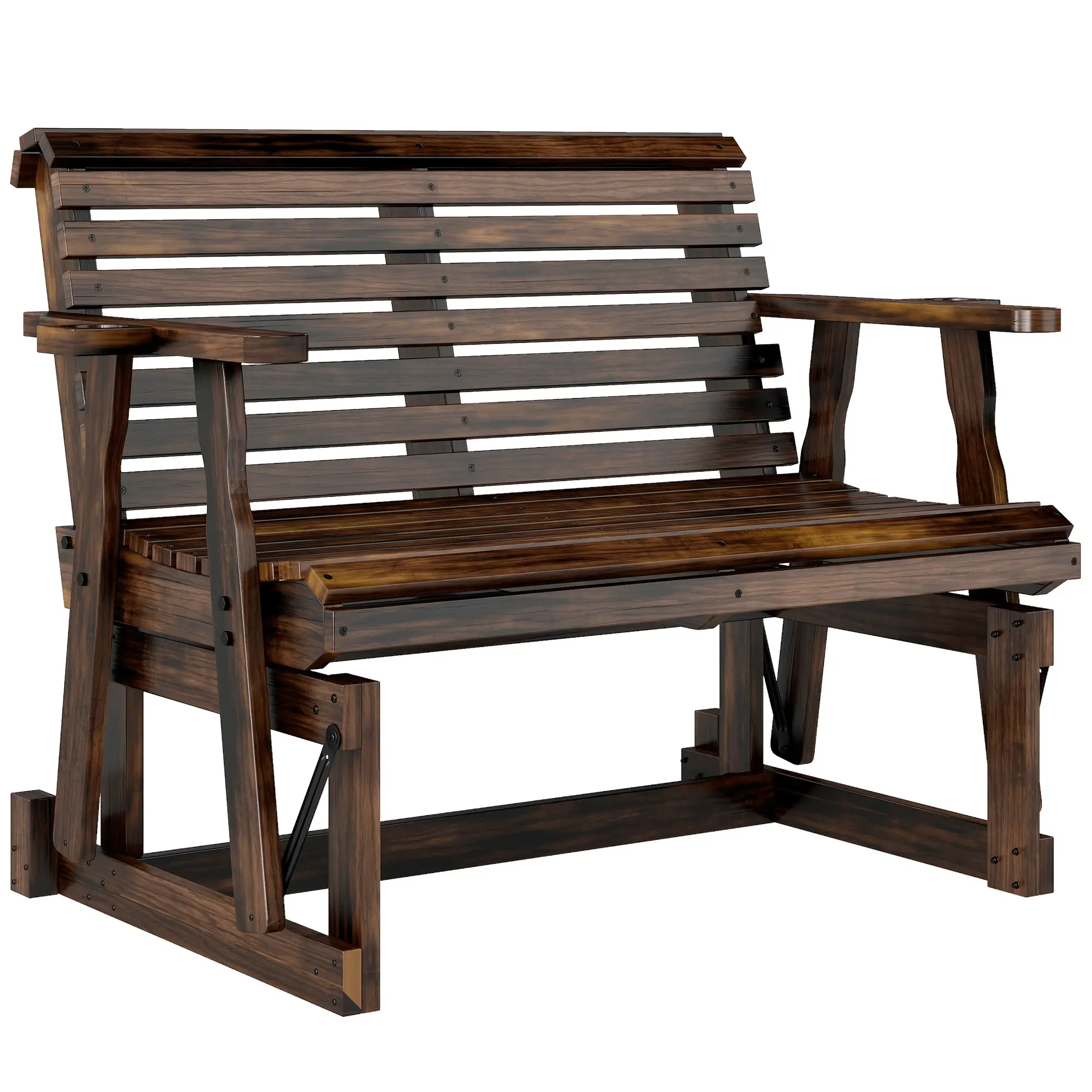 Outdoor Glider Bench, Wooden Glider Chair With 2 Cupholders - Image 11