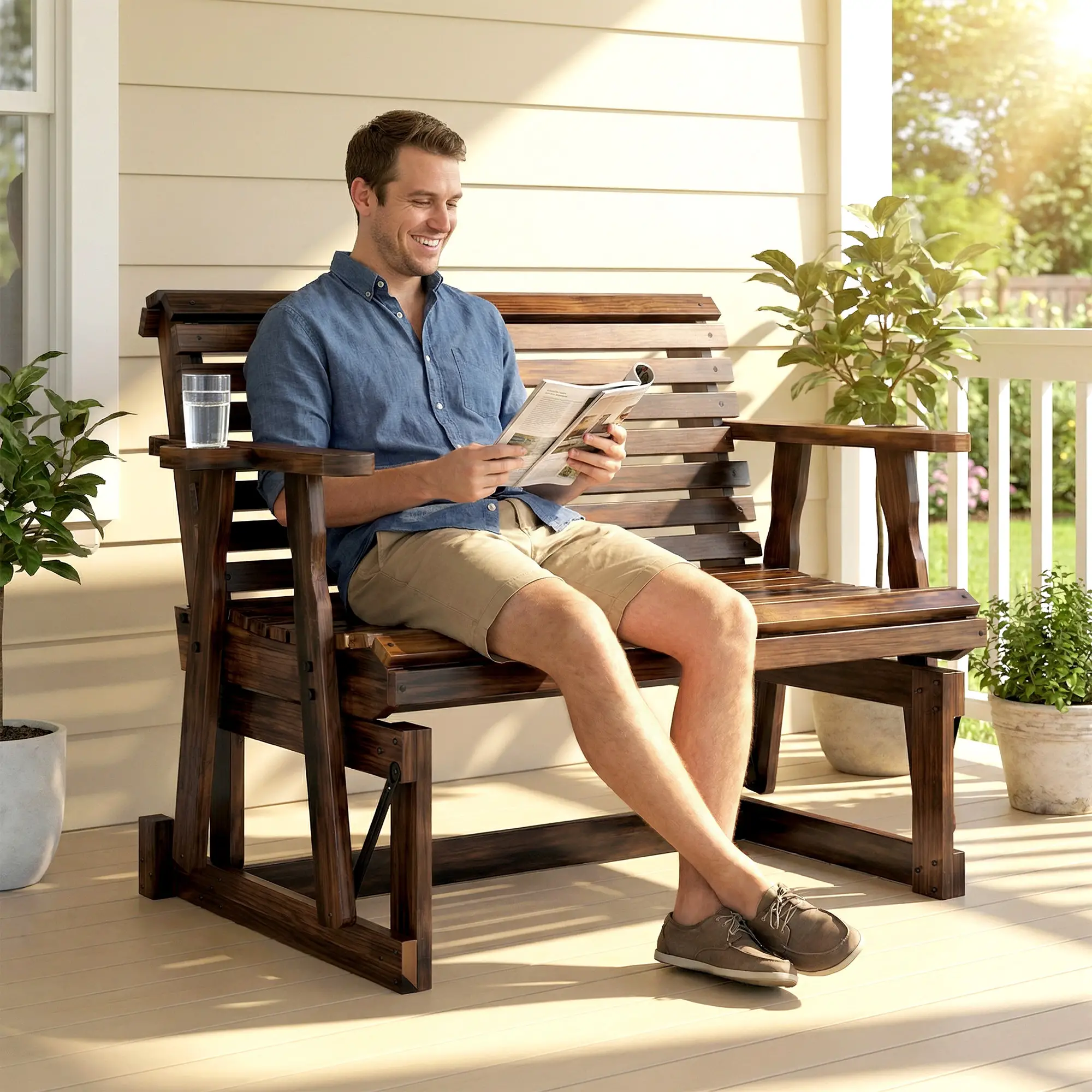 Outdoor Glider Bench, Wooden Glider Chair With 2 Cupholders - Image 2
