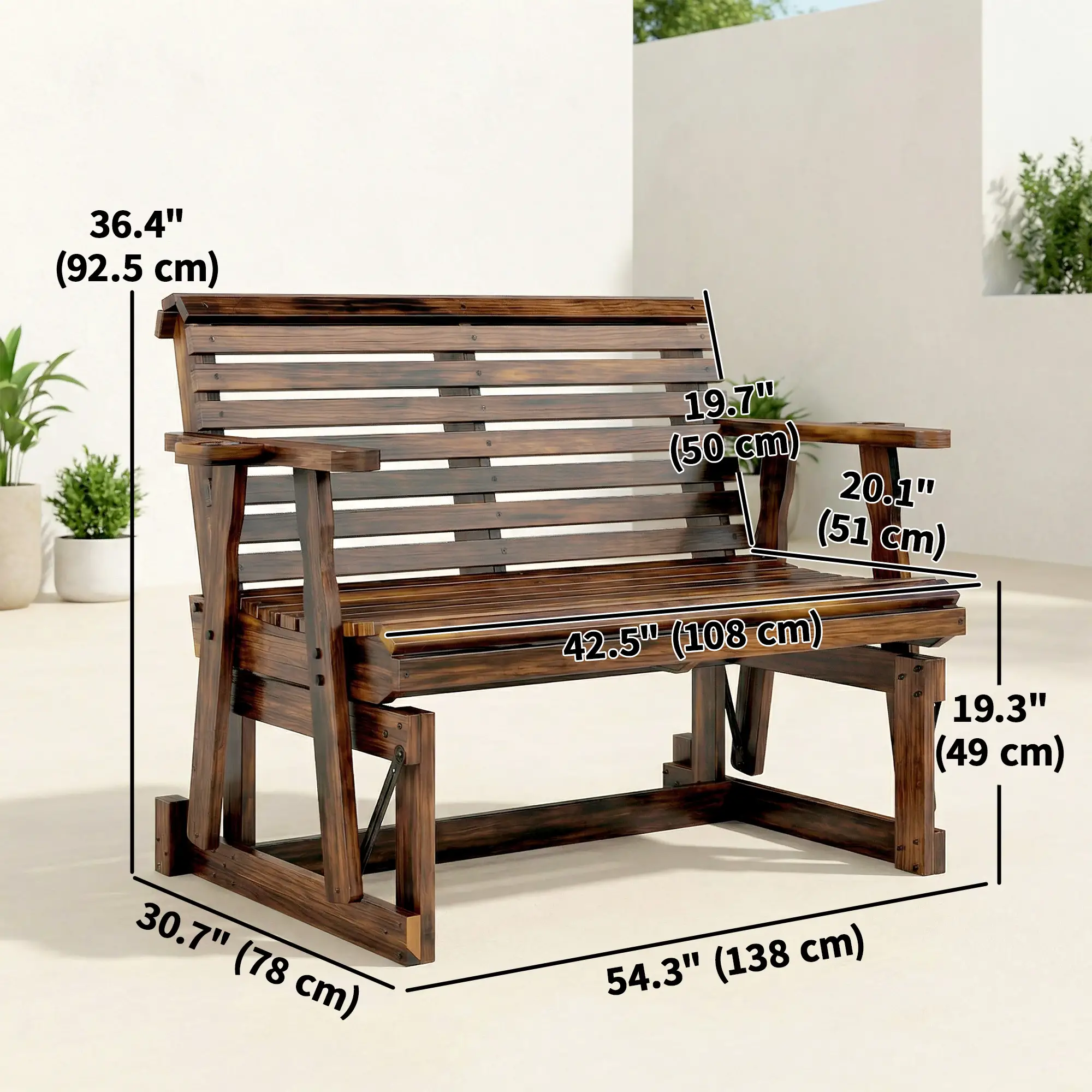 Outdoor Glider Bench, Wooden Glider Chair With 2 Cupholders - Image 3