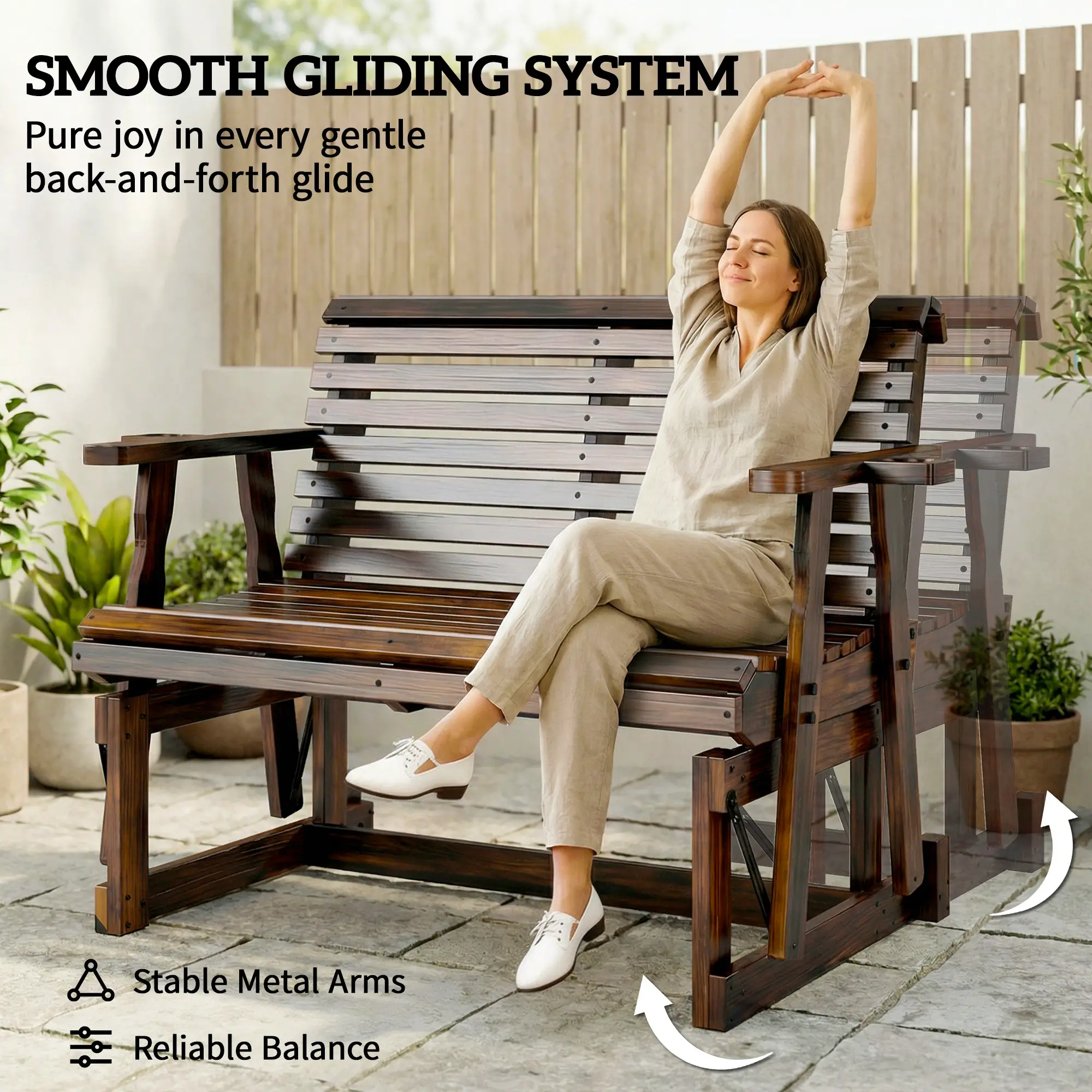 Outdoor Glider Bench, Wooden Glider Chair With 2 Cupholders - Image 4