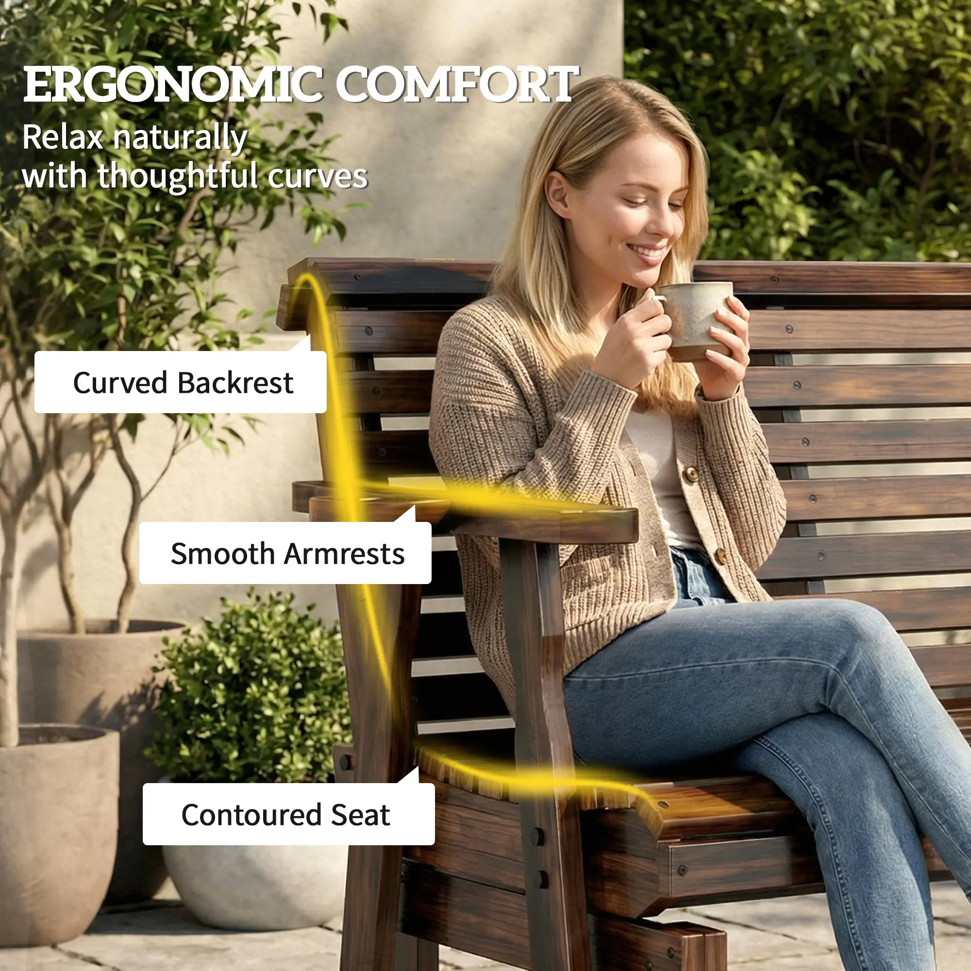 Outdoor Glider Bench, Wooden Glider Chair With 2 Cupholders - Image 5