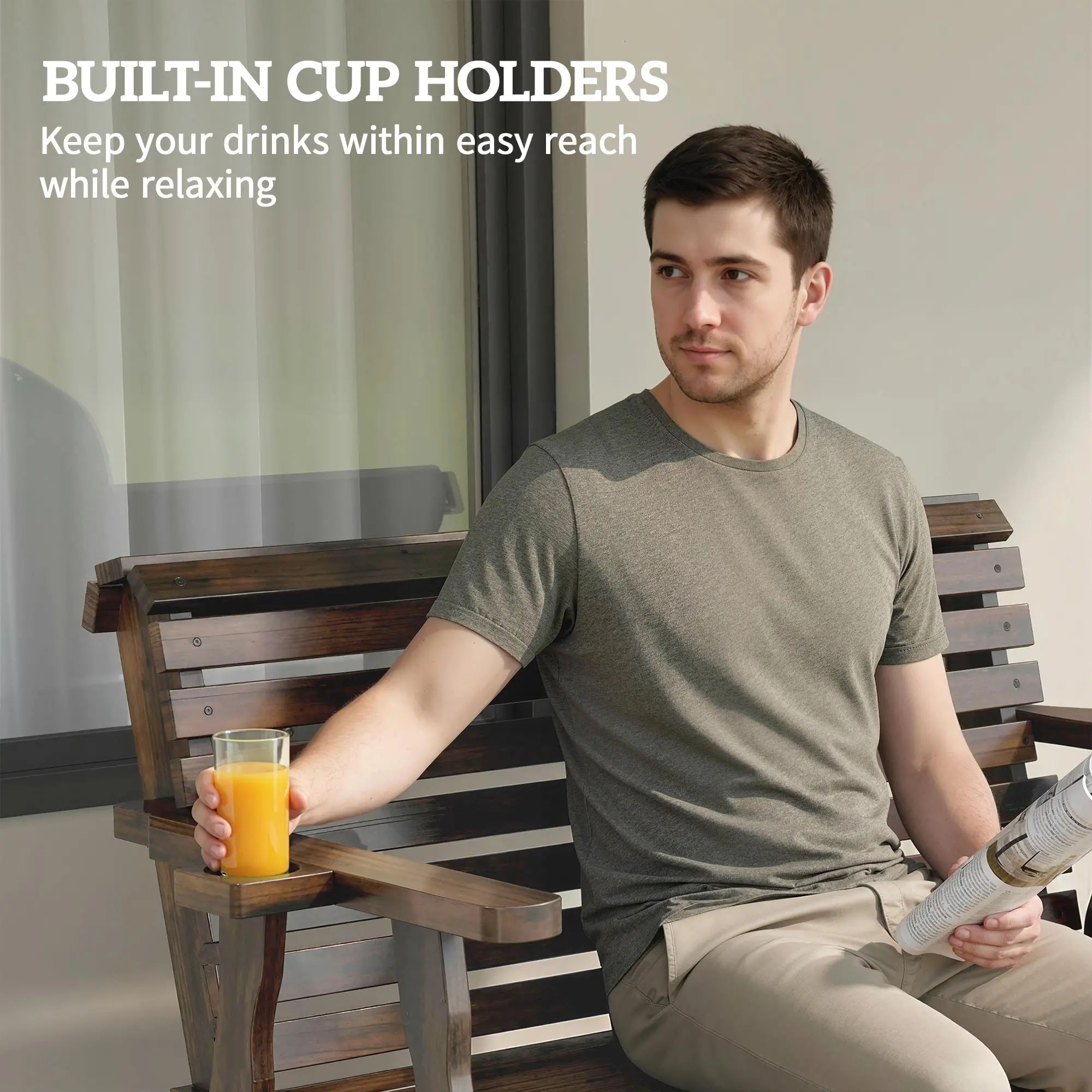 Outdoor Glider Bench, Wooden Glider Chair With 2 Cupholders - Image 7